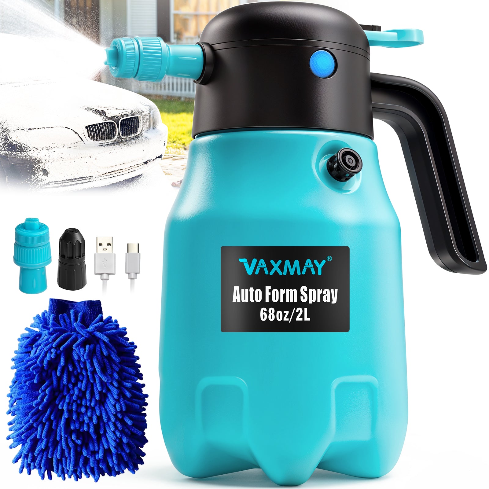 VAXMAY 68oz/2L Electric Foam Sprayer, 60PSI Battery Powered Car Foam Sprayer with 2 Adjustable Nozzles, Rechargeable Cordless Foaming Spray for Car Wash Detailing Garden