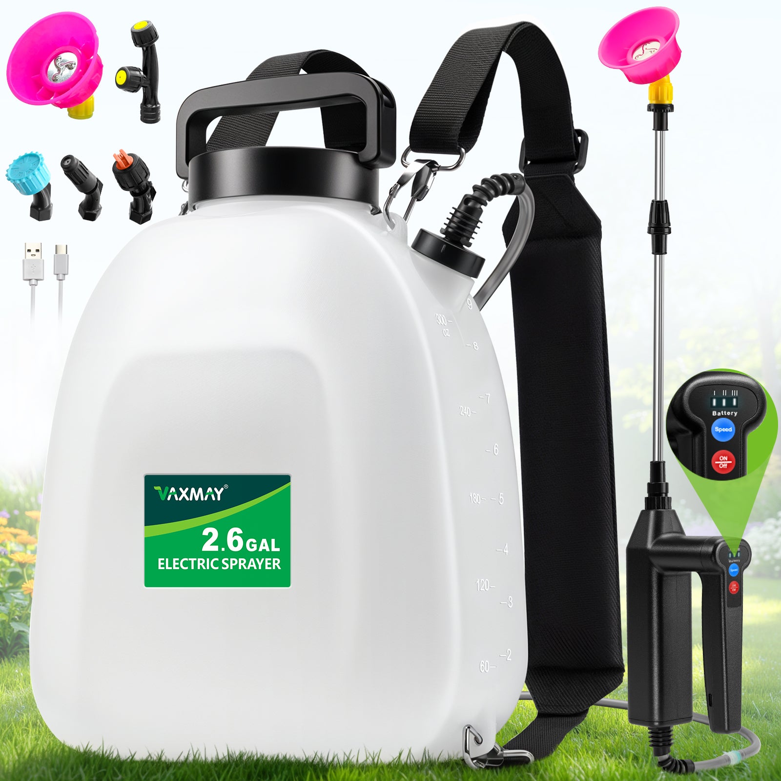 Backpack Sprayer Battery Powered 2.6 Gallon, Electric Garden Sprayer with 3 Adjustable Forces, Battery Indicator, 5 Mist Nozzles, 41" Retractable Wand, Rechargeable Weed Sprayer for Garden Lawn Yard