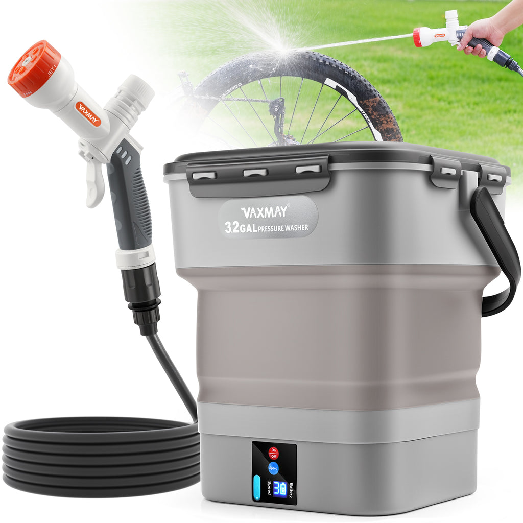 VAXMAY Foldable Electric Pressure Washer with 3.2 Gal Tank, Cordless Power Wsher with Max 250PSI, 1.35GPM, 5 IN 1 Nozzle, 16.4FT Hose, 90Mins Runtime for Car, Bike, Camping Shower, Pet Cleaning,Garden