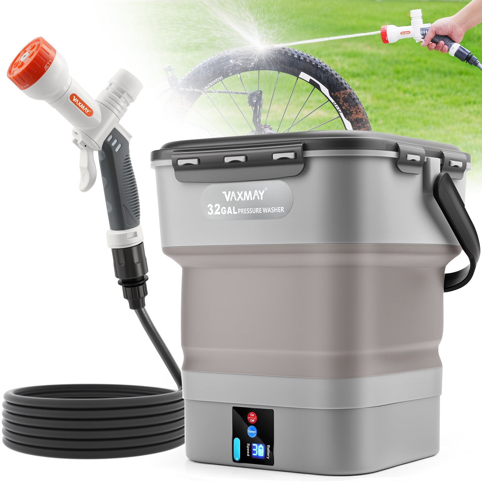 VAXMAY Foldable Electric Pressure Washer with 3.2 Gal Tank, Cordless Power Wsher with Max 250PSI, 1.35GPM, 5 IN 1 Nozzle, 16.4FT Hose, 90Mins Runtime for Car, Bike, Camping Shower, Pet Cleaning,Garden