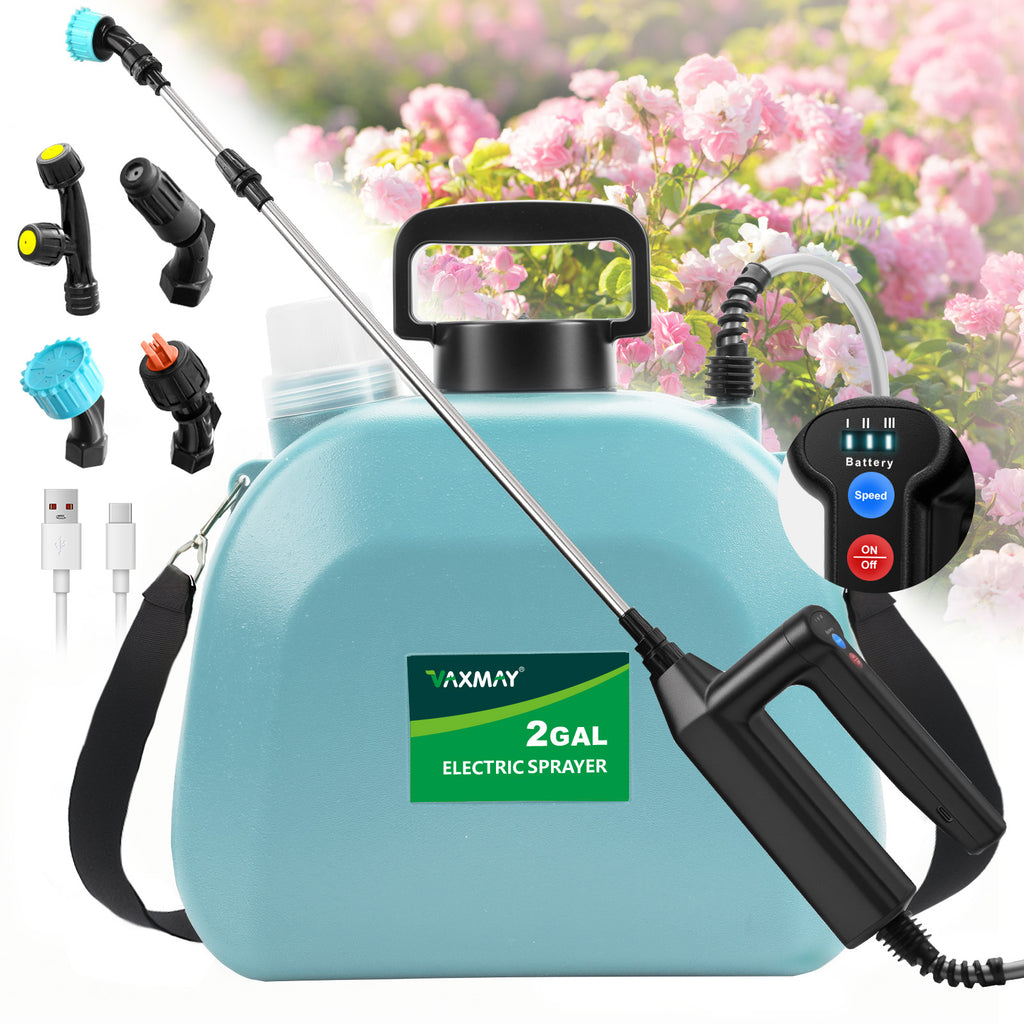 Battery Powered Sprayer 2 Gallon, 2025 Upgrade Electric Sprayer with 3 Adjustable Speed, Battery Indicator, 4 Mist Nozzles, Rechargeable Retractable Wand with Adjustable Shoulder Strap for Lawn Garden