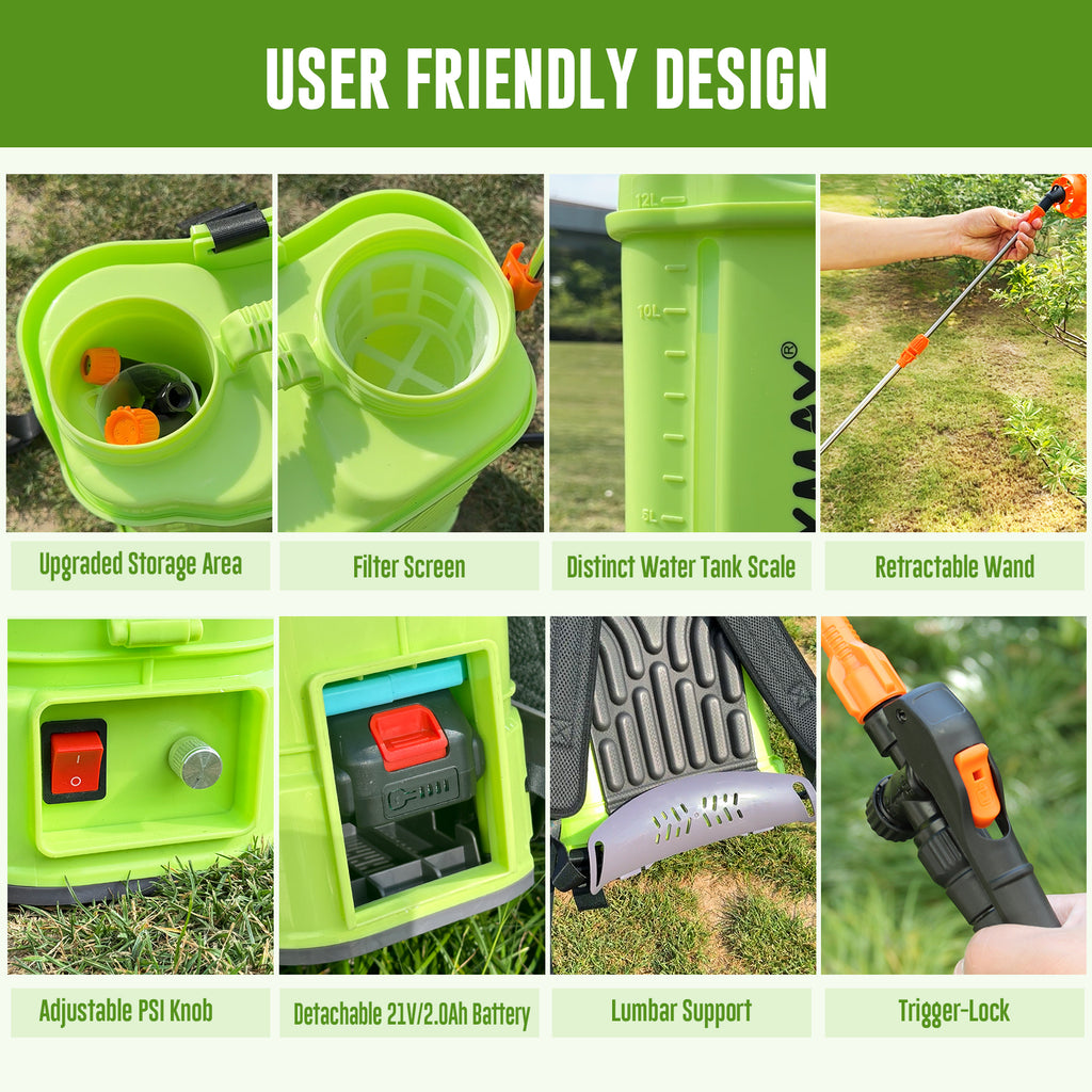 Battery Powered Backpack Sprayer 3.2 Gallon, VAXMAY 80 PSI Electric Graden Sprayer Works with Makita 18V Battery, Weed Lawn Sprayer with Telescopic Wand, 5 Nozzles, 2.0 Ah Battery & Charger Included