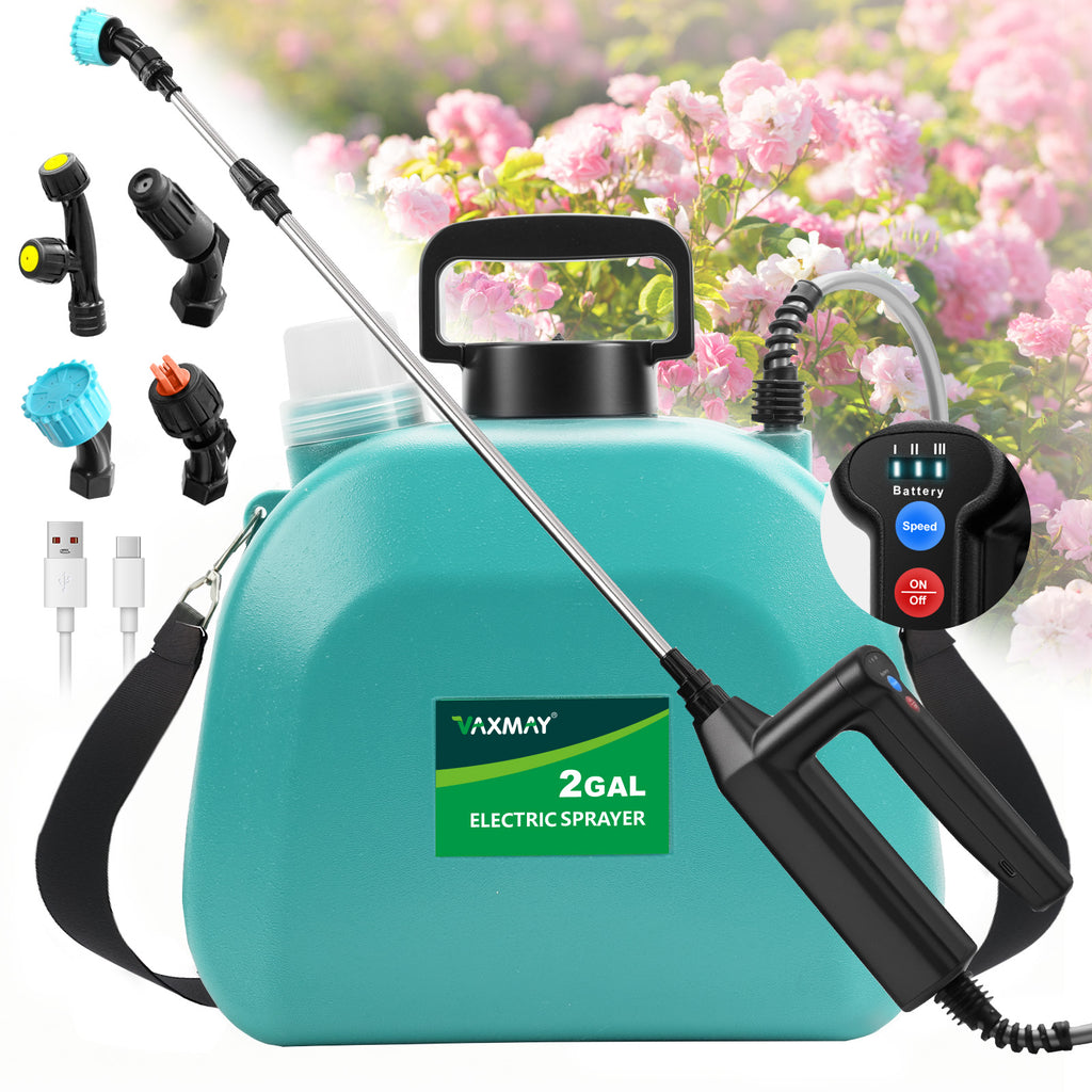 Battery Powered Sprayer 2 Gallon, 2025 Upgrade Electric Sprayer with 3 Adjustable Speed, Battery Indicator, 4 Mist Nozzles, Rechargeable Retractable Wand with Adjustable Shoulder Strap for Lawn Garden