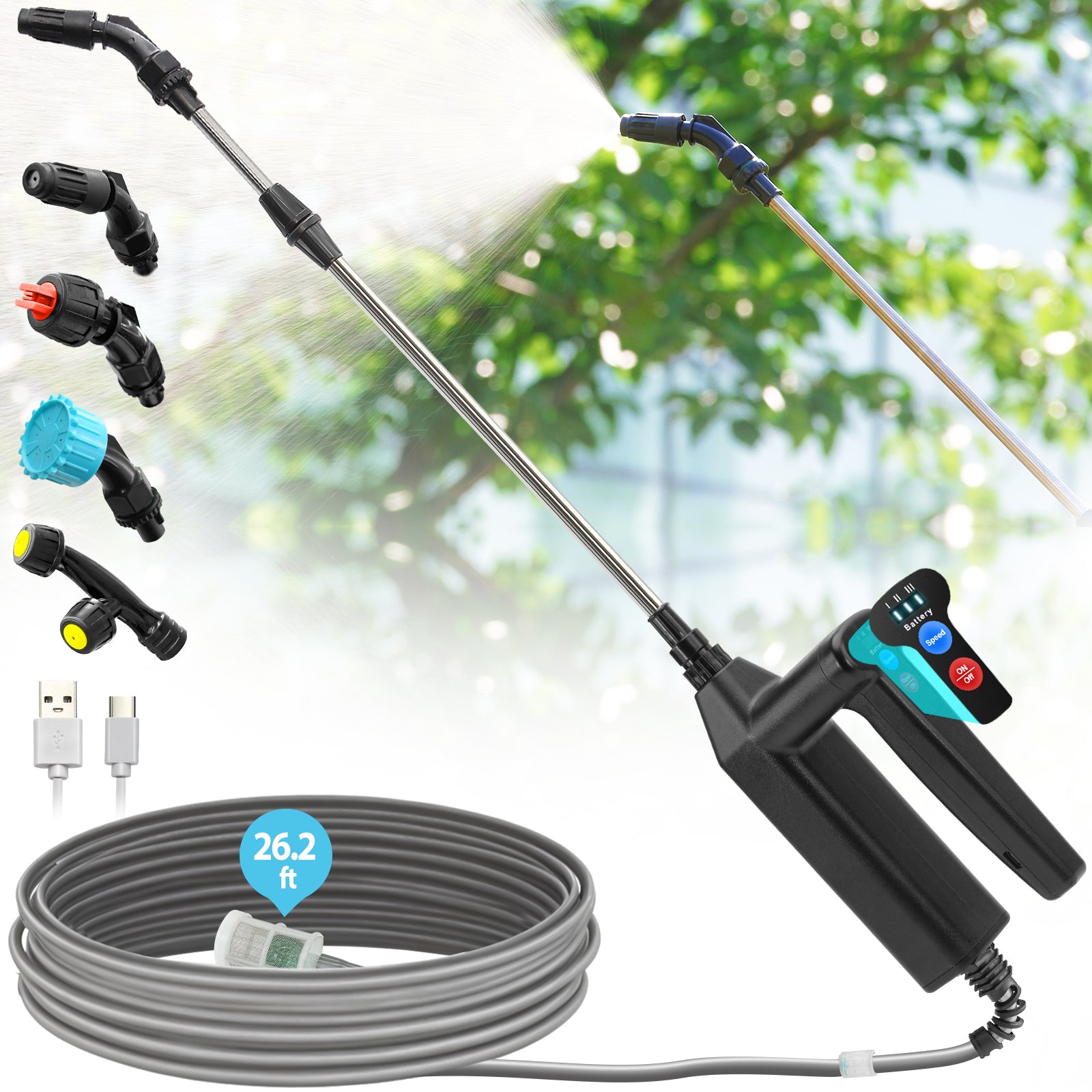 Battery Powered Sprayer Wand, 32 Inch Garden Sprayer Telescopic Wand with 3 Adjustable Speeds, Battery Indicator, 26.2 FT Hose, 7.4V Rechargeable Water Sprayer Wand with 4 Adjustable Nozzles & Filter