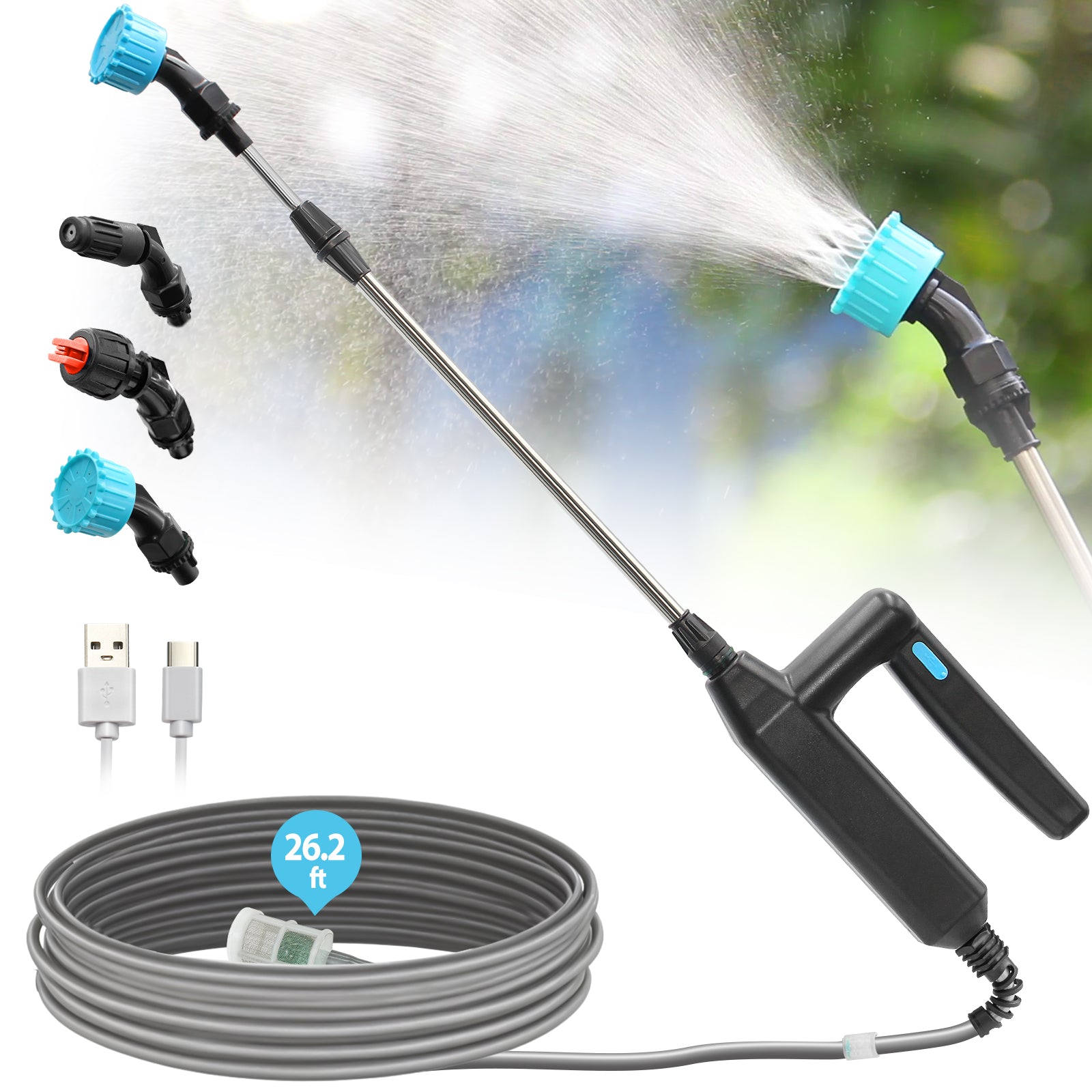 Battery Powered Garden Sprayer Wand, 32 Inch Telescopic With 26.2 FT Hose, 7.4V Rechargeable Electric Watering Handle, 3 Adjustable Nozzles & Filter for Weed, Lawn, Yard