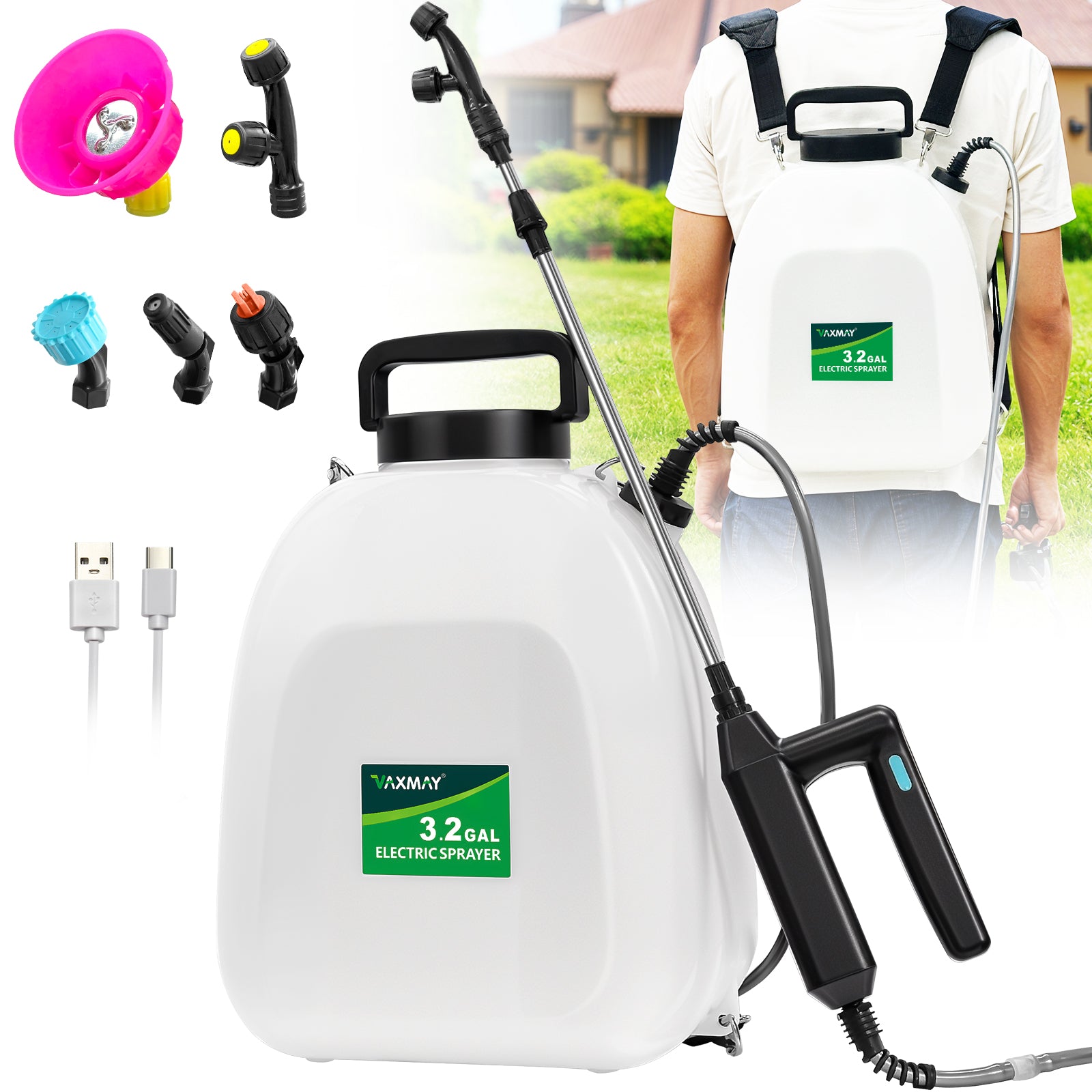 Battery Powered Sprayer 3.2 Gallon, VAXMAY Backpack Sprayer with 5 Mist Nozzles, Electric Garden Sprayer with USB Rechargeable Handle 32" Retractable Wand Portable Weed Sprayer for Lawn, Garden, Yard