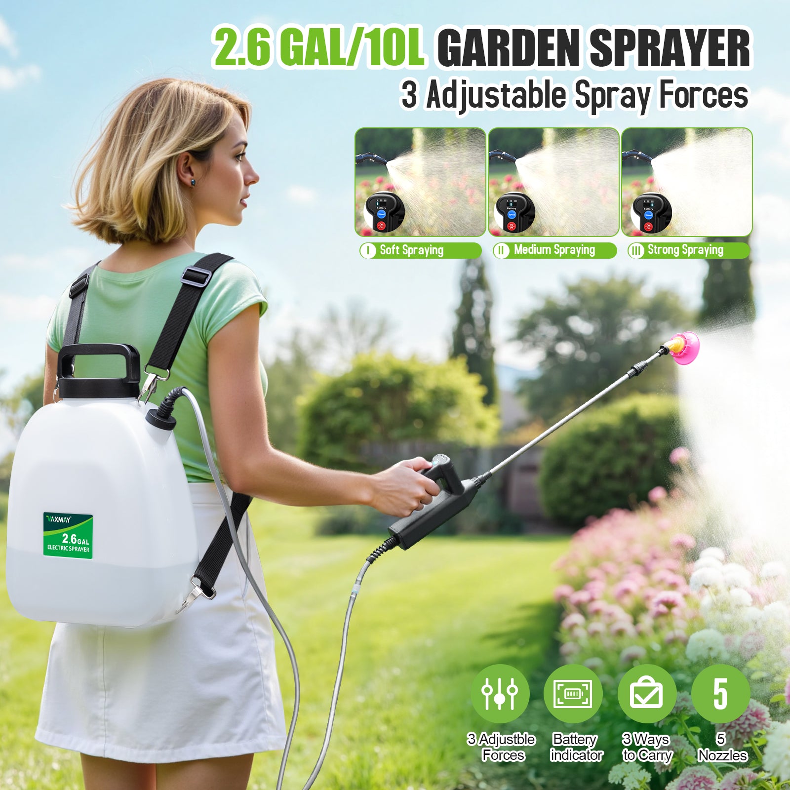 Backpack Sprayer Battery Powered 2.6 Gallon, Electric Garden Sprayer with 3 Adjustable Forces, Battery Indicator, 5 Mist Nozzles, 41" Retractable Wand, Rechargeable Weed Sprayer for Garden Lawn Yard