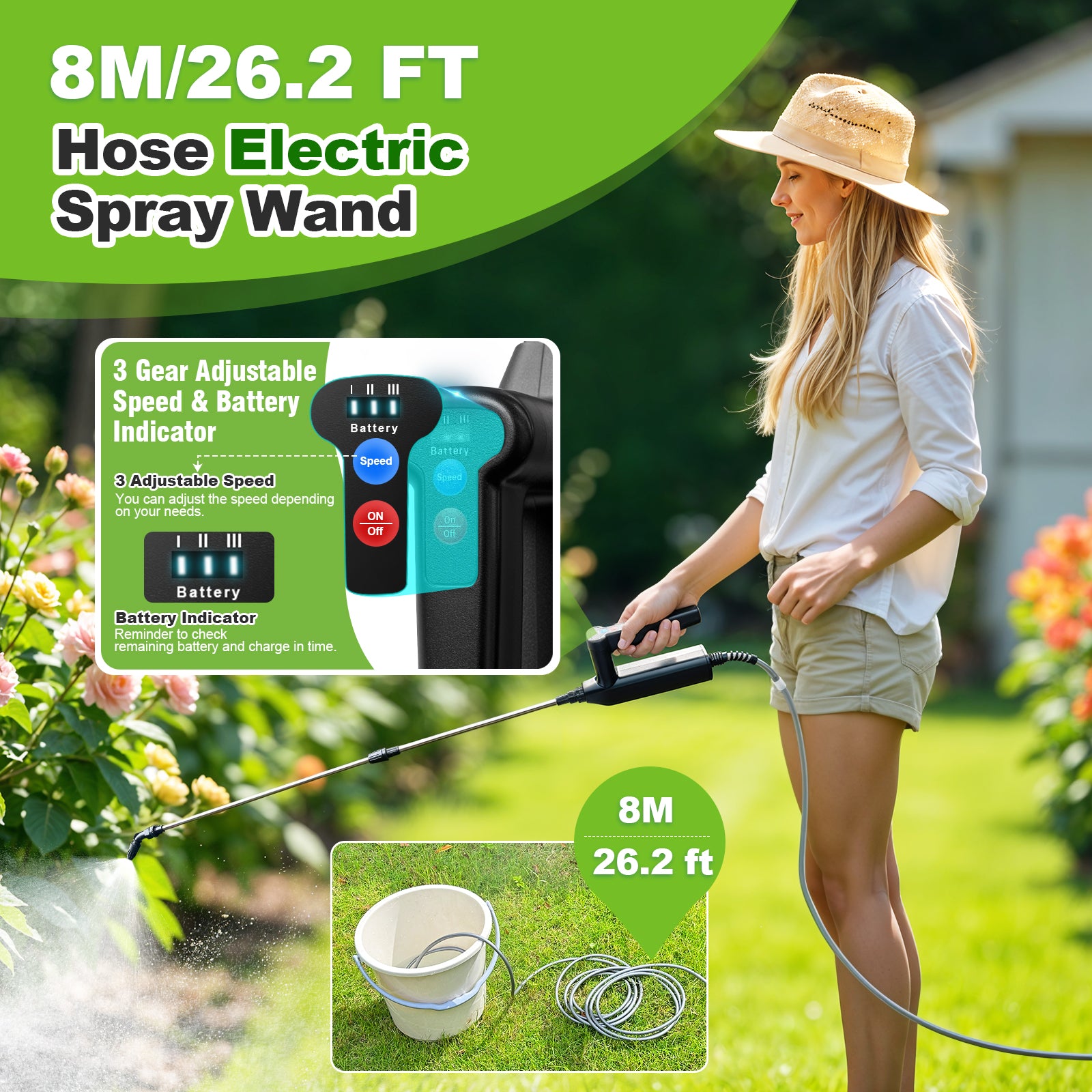 Battery Powered Sprayer Wand, 32 Inch Garden Sprayer Telescopic Wand with 3 Adjustable Speeds, Battery Indicator, 26.2 FT Hose, 7.4V Rechargeable Water Sprayer Wand with 4 Adjustable Nozzles & Filter