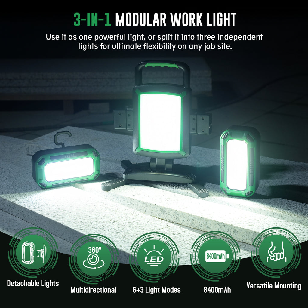 50W 5000LM Rechargeable Work Light, 3-in-1 Magnetic Work Light with Detachable 2 Floodlights, 9 Modes, Foldable&360° Rotatable IP65 Portable LED Worklight with Hooks for Jobsite Garage Car Repairing