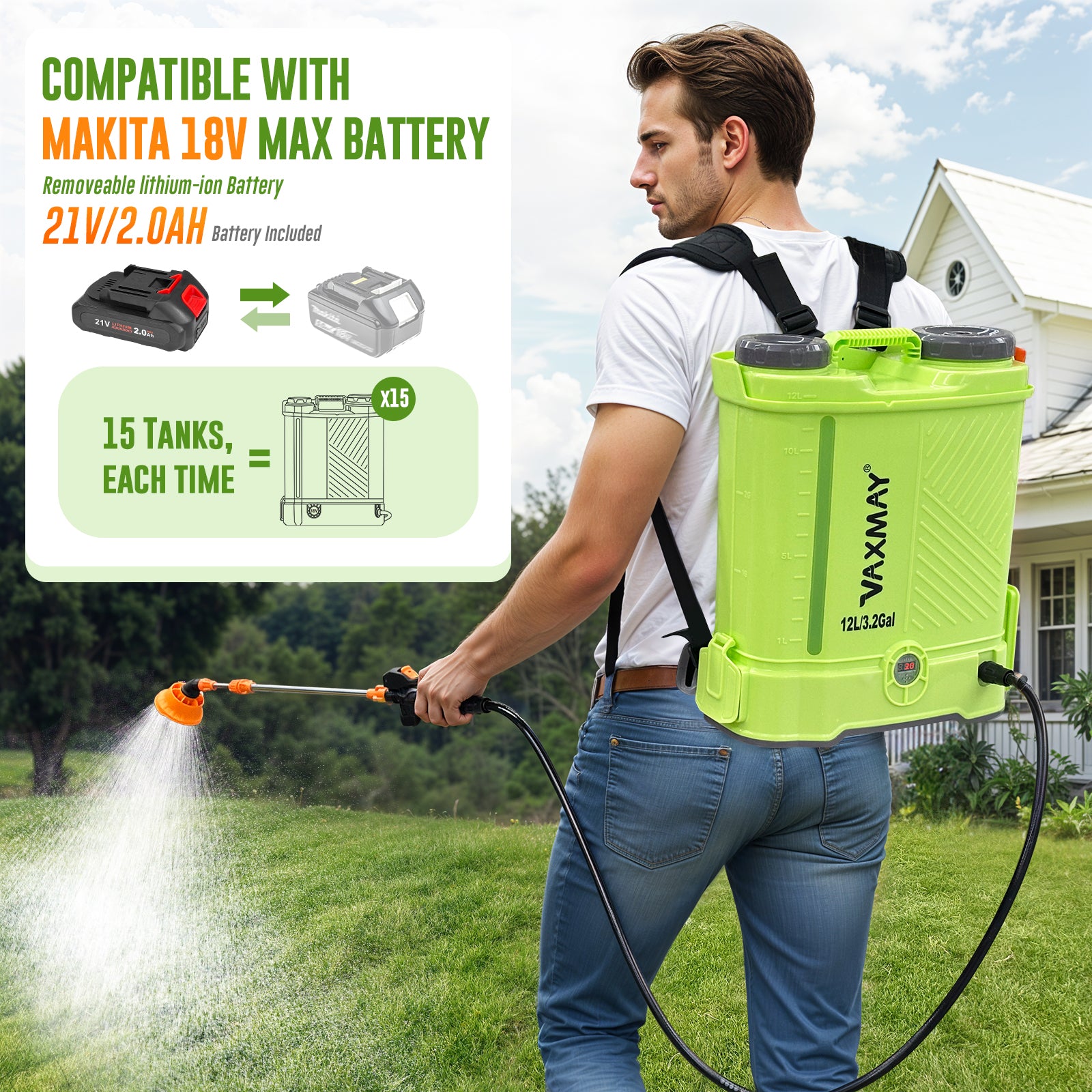 Battery Powered Backpack Sprayer 3.2 Gallon, VAXMAY 80 PSI Electric Graden Sprayer Works with Makita 18V Battery, Weed Lawn Sprayer with Telescopic Wand, 5 Nozzles, 2.0 Ah Battery & Charger Included