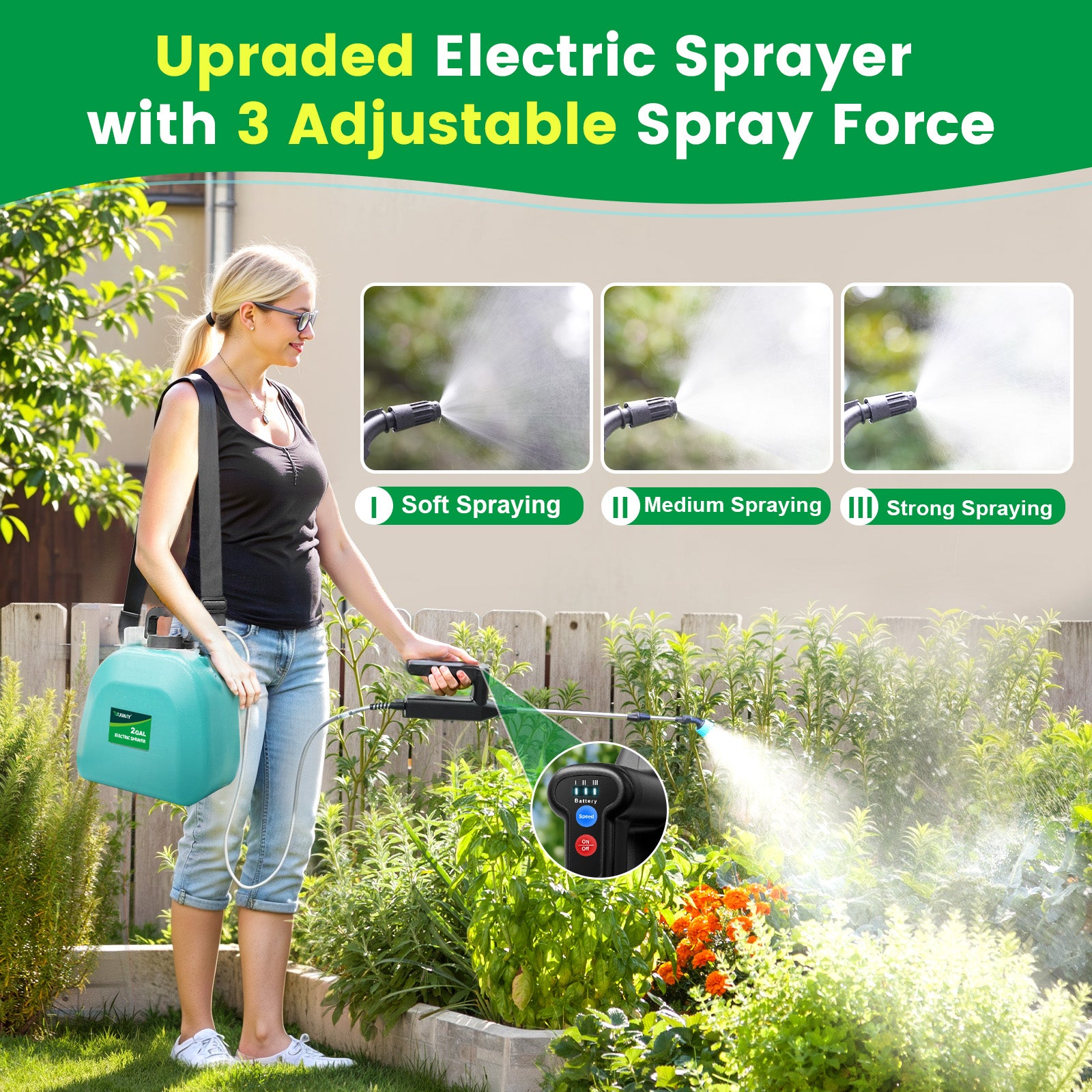 Battery Powered Sprayer 2 Gallon, 2025 Upgrade Electric Sprayer with 3 Adjustable Speed, Battery Indicator, 4 Mist Nozzles, Rechargeable Retractable Wand with Adjustable Shoulder Strap for Lawn Garden