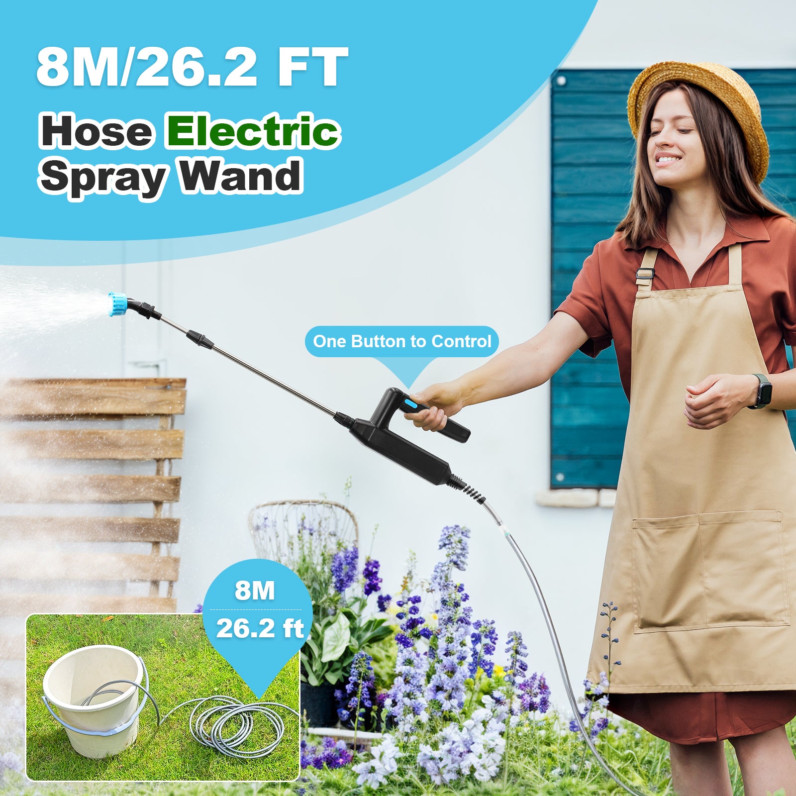 Battery Powered Garden Sprayer Wand, 32 Inch Telescopic With 26.2 FT Hose, 7.4V Rechargeable Electric Watering Handle, 3 Adjustable Nozzles & Filter for Weed, Lawn, Yard