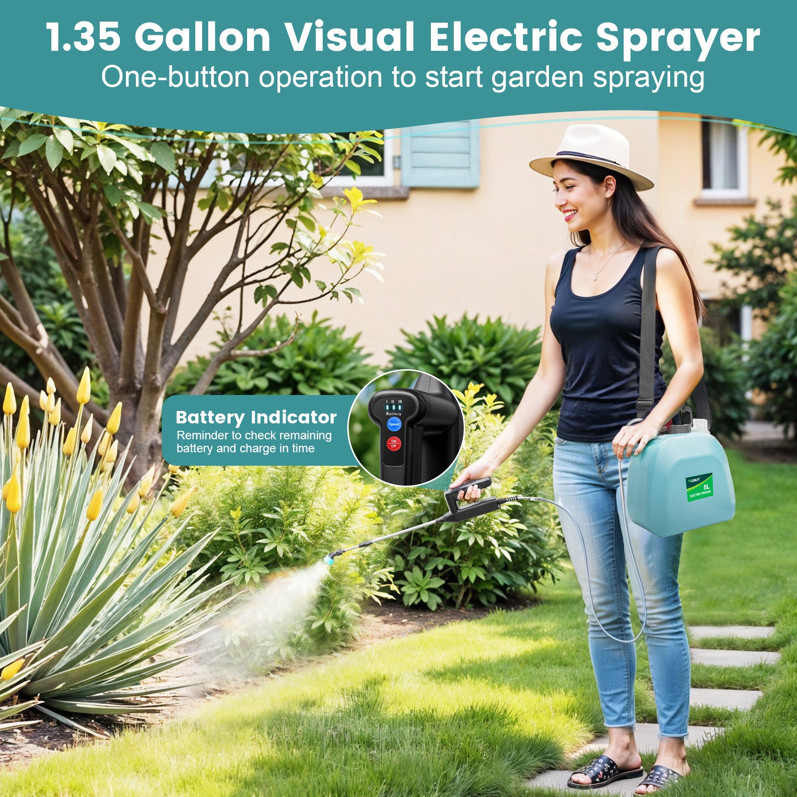 Battery Powered Sprayer 1.35 Gallon, 2025 Electric Garden Sprayer with 3 Adjustable Speeds, 4 Mist Nozzles, Rechargeable Handle, Retractable Wand with Adjustable Shoulder Strap for Weed Lawn