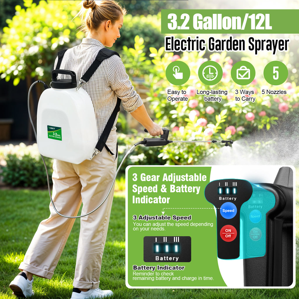 Battery Powered Sprayer 3.2 Gallon, VAXMAY Backpack Sprayer with 3 Adjustable Speeds, Battery Indicator, 5 Mist Nozzles, 41" Retractable Wand, USB Rechargeable Weed Sprayer for Lawn Garden Yard