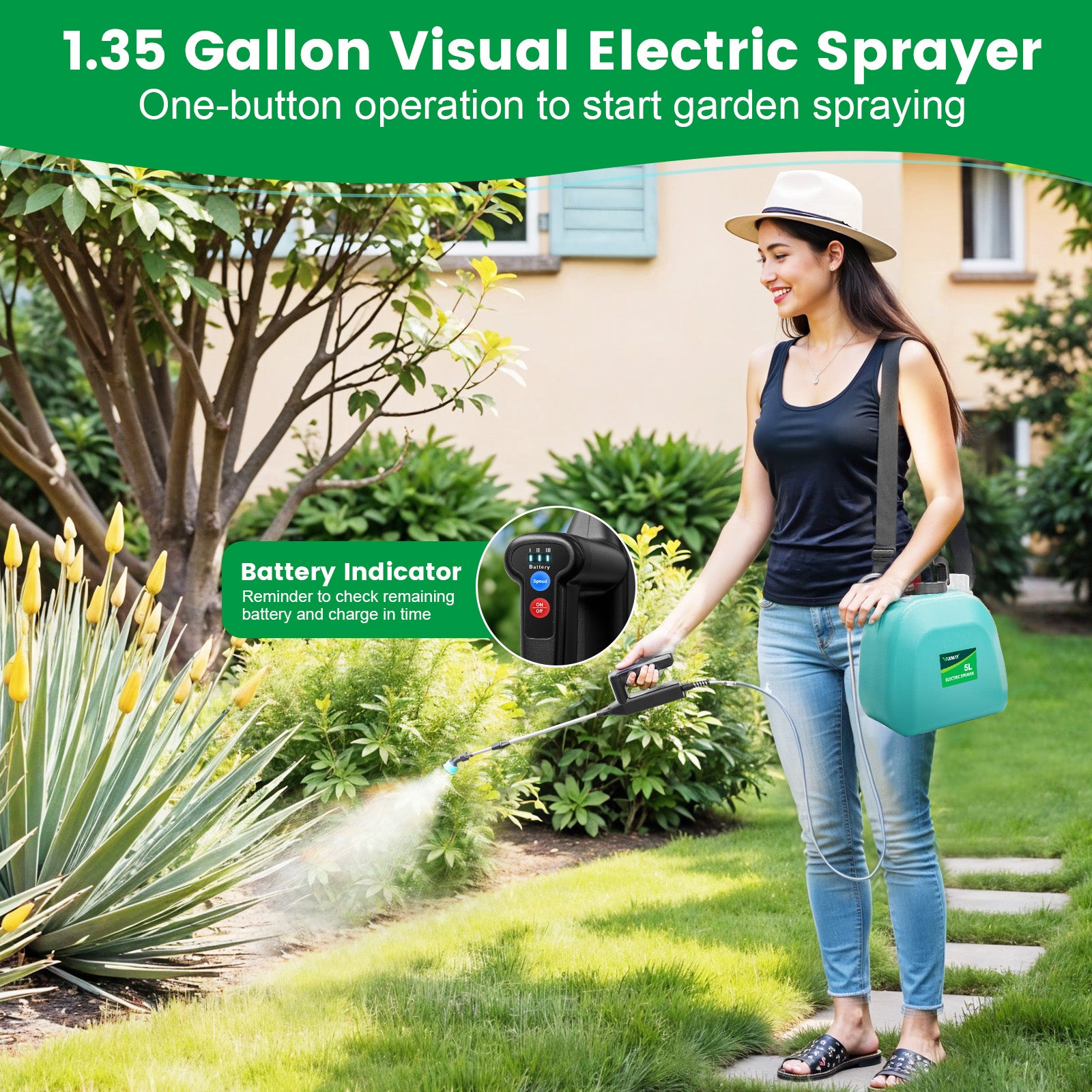 VAXMAY Battery Powered 1.35 Gallon Electric Sprayer, 3 Speeds, 4 Nozzles, Rechargeable, Green, Garden & Lawn