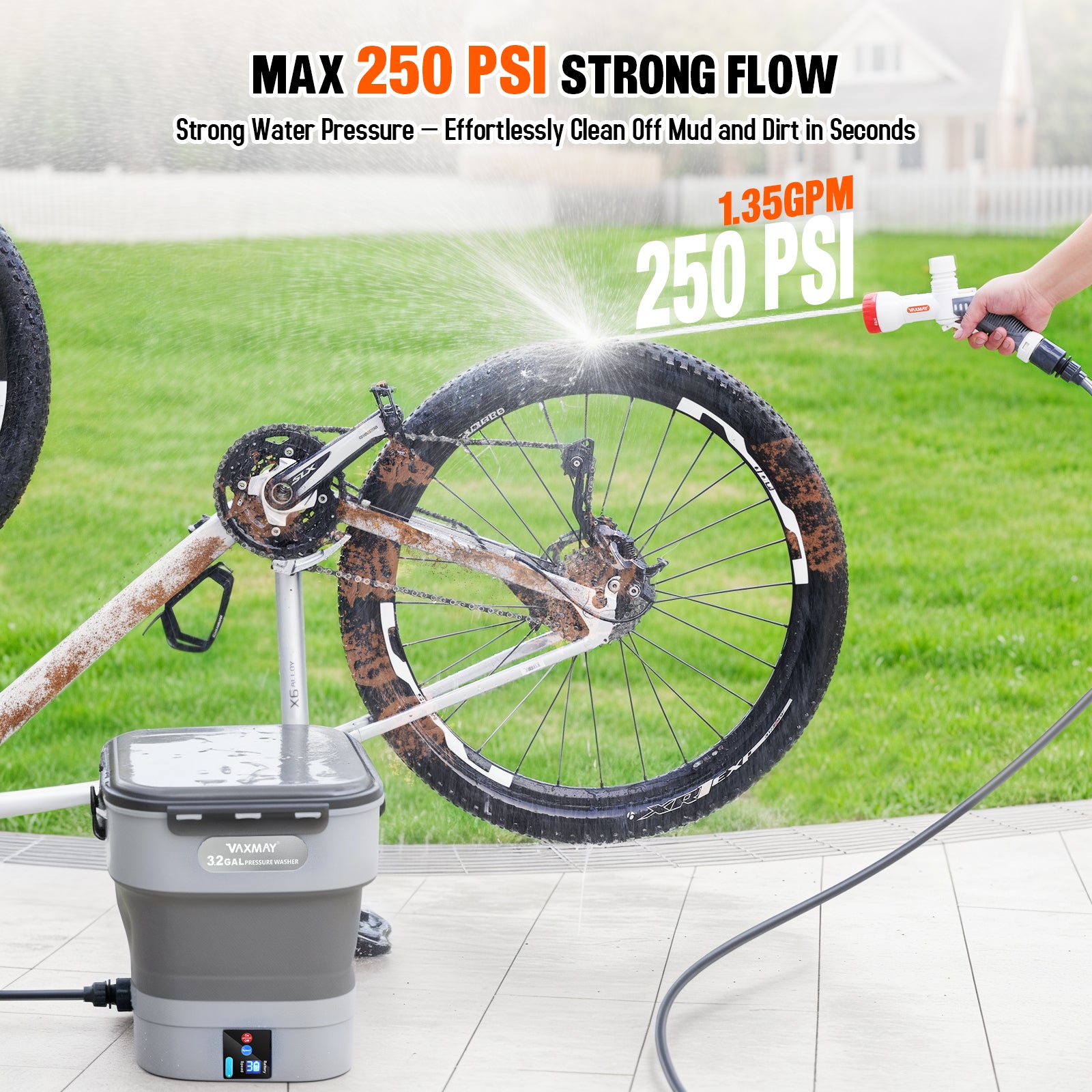 VAXMAY Foldable Electric Pressure Washer with 3.2 Gal Tank, Cordless Power Wsher with Max 250PSI, 1.35GPM, 5 IN 1 Nozzle, 16.4FT Hose, 90Mins Runtime for Car, Bike, Camping Shower, Pet Cleaning,Garden