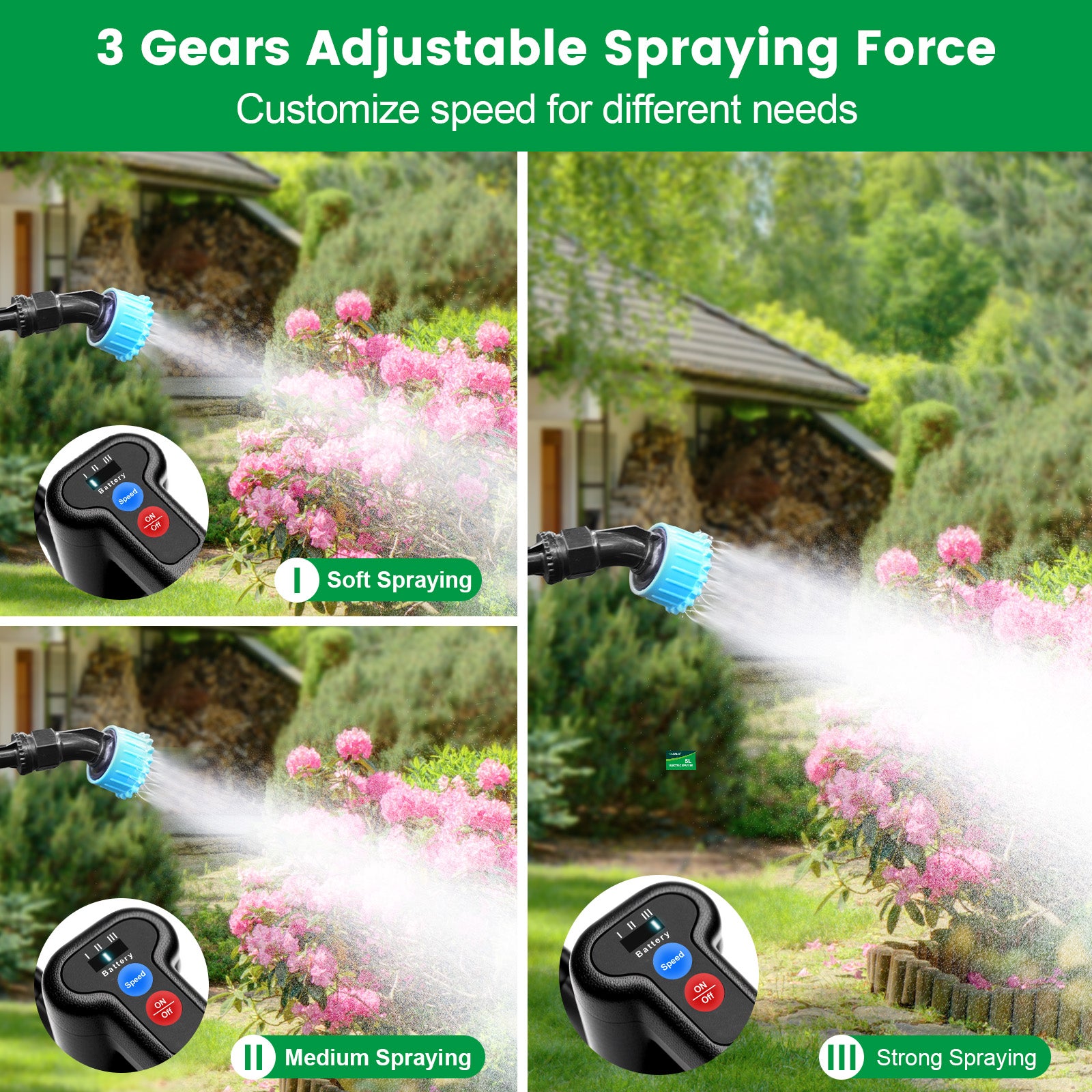 VAXMAY Battery Powered 1.35 Gallon Electric Sprayer, 3 Speeds, 4 Nozzles, Rechargeable, Green, Garden & Lawn
