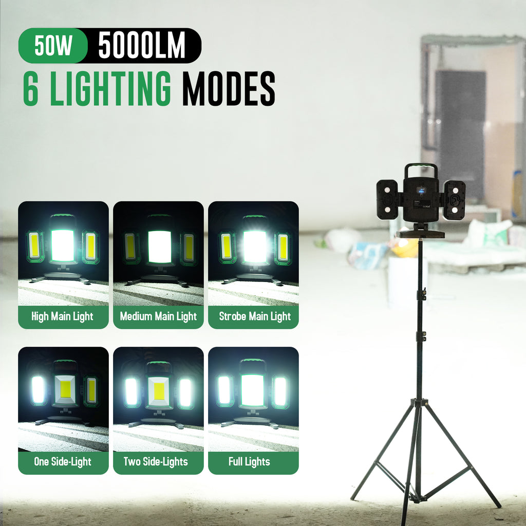 50W 5000LM Rechargeable Work Light, 3-in-1 Magnetic Work Light with Detachable 2 Floodlights, 9 Modes, Foldable&360° Rotatable IP65 Portable LED Worklight with Hooks for Jobsite Garage Car Repairing