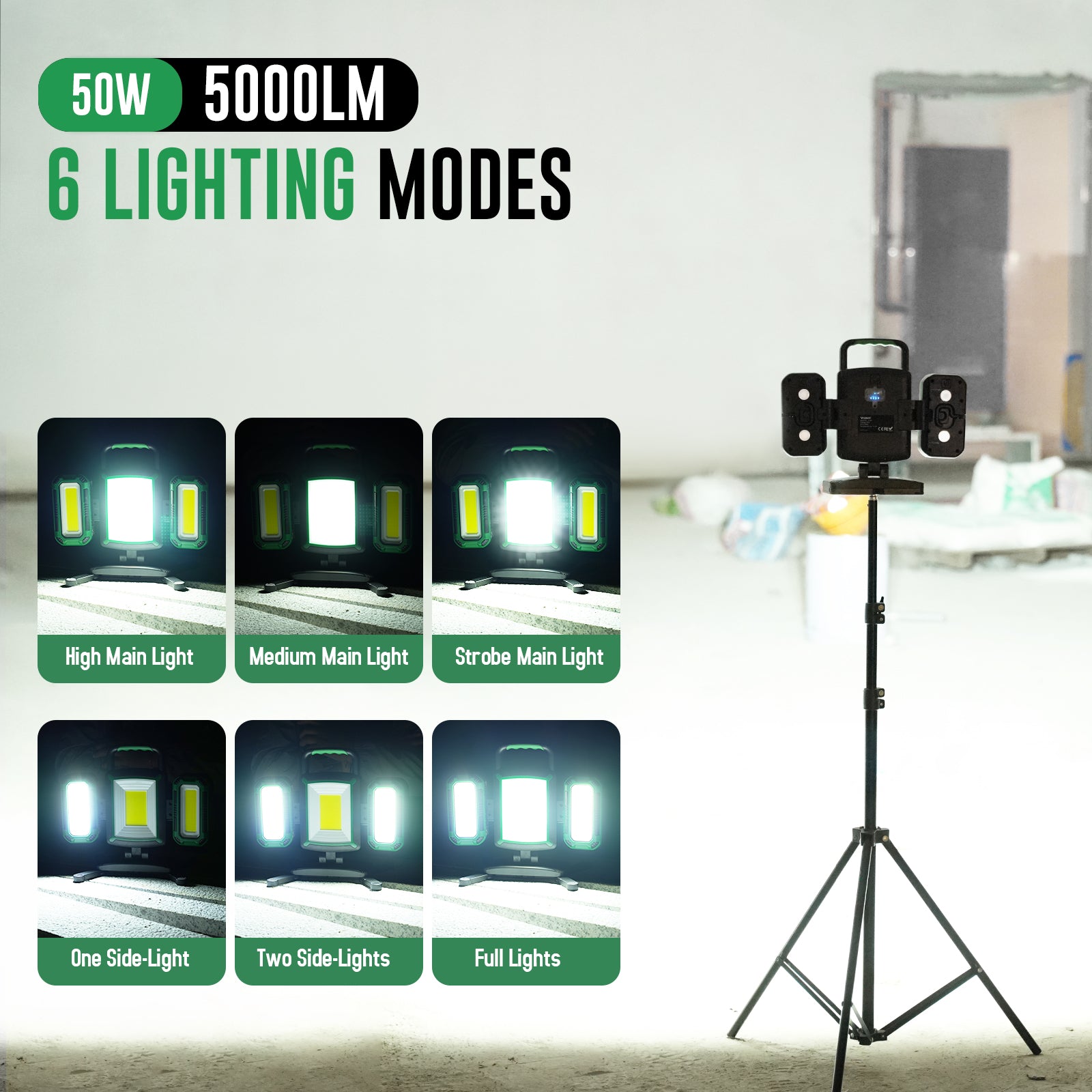 50W 5000LM Rechargeable Work Light, 3-in-1 Magnetic Work Light with Detachable 2 Floodlights, 9 Modes, Foldable&360° Rotatable IP65 Portable LED Worklight with Hooks for Jobsite Garage Car Repairing