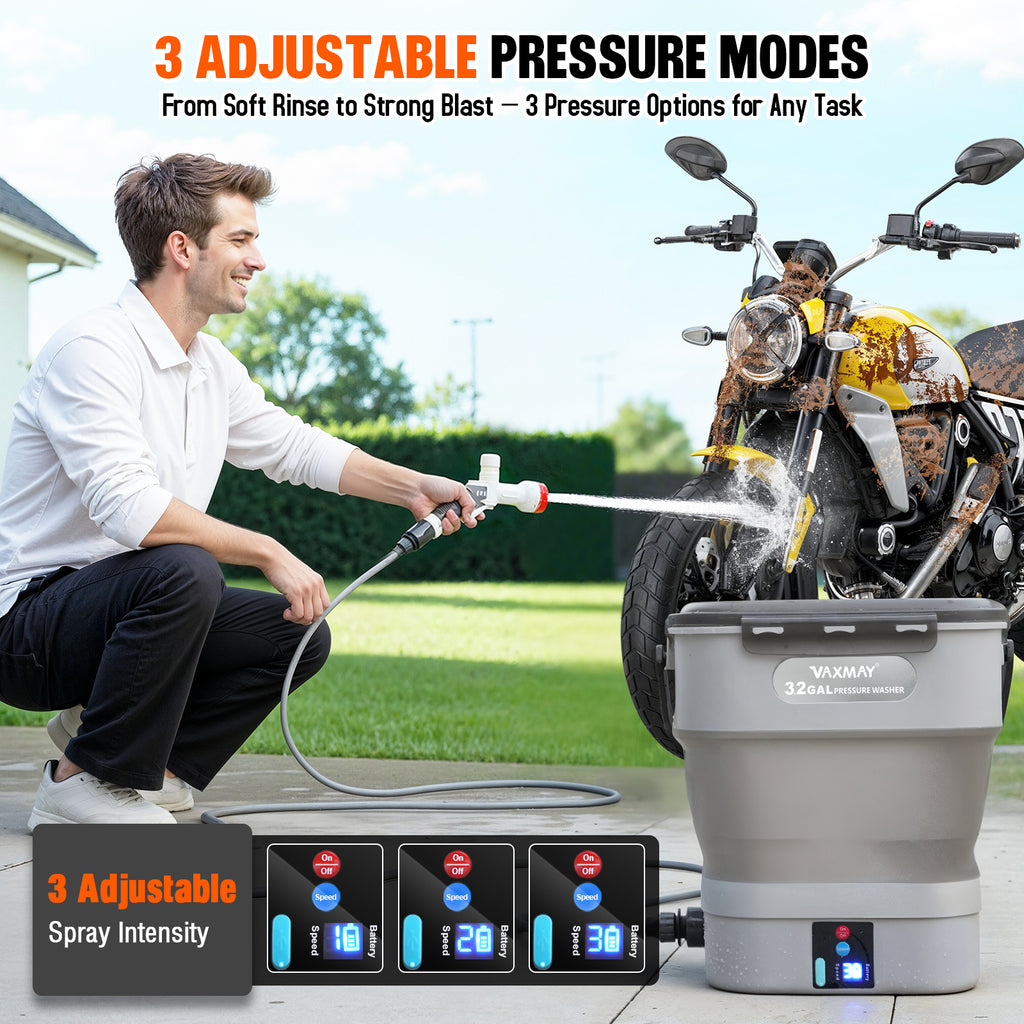 VAXMAY Foldable Electric Pressure Washer with 3.2 Gal Tank, Cordless Power Wsher with Max 250PSI, 1.35GPM, 5 IN 1 Nozzle, 16.4FT Hose, 90Mins Runtime for Car, Bike, Camping Shower, Pet Cleaning,Garden