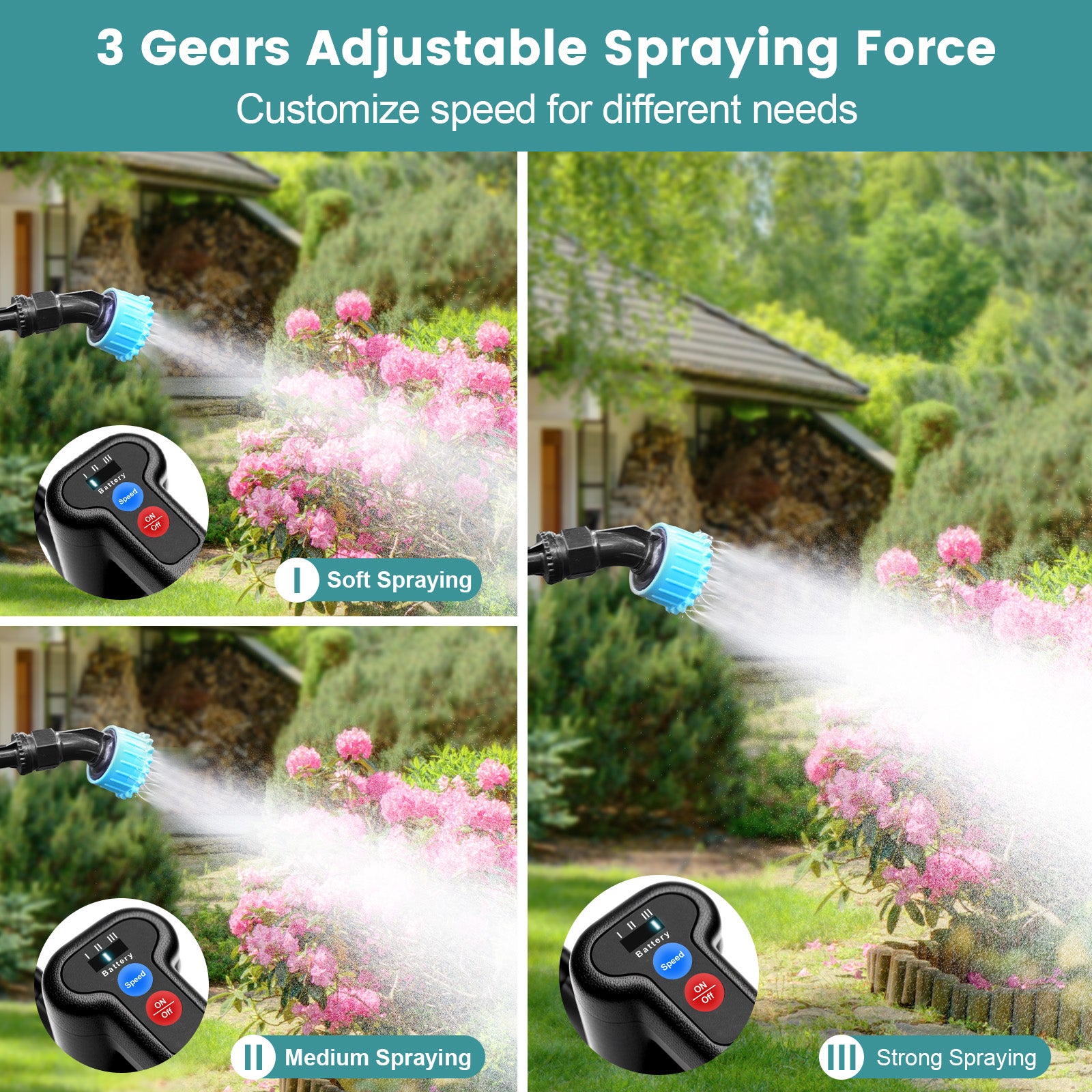 Battery Powered Sprayer 1.35 Gallon, 2025 Electric Garden Sprayer with 3 Adjustable Speeds, 4 Mist Nozzles, Rechargeable Handle, Retractable Wand with Adjustable Shoulder Strap for Weed Lawn