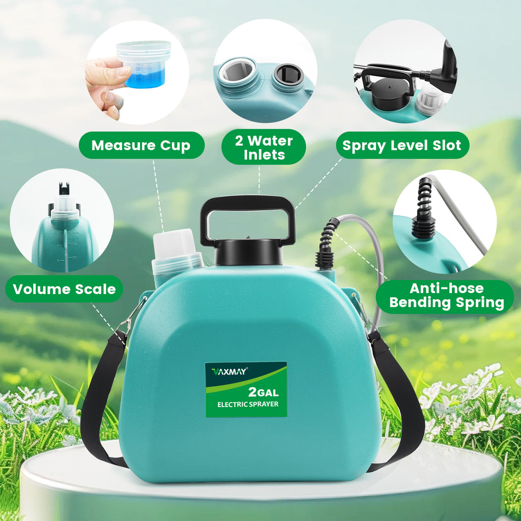 Battery Powered Sprayer 2 Gallon, 2025 Upgrade Electric Sprayer with 3 Adjustable Speed, Battery Indicator, 4 Mist Nozzles, Rechargeable Retractable Wand with Adjustable Shoulder Strap for Lawn Garden