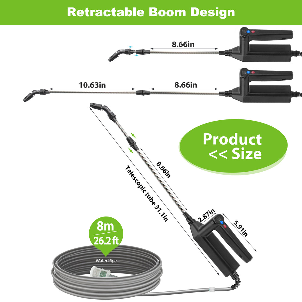 Battery Powered Sprayer Wand, 32 Inch Garden Sprayer Telescopic Wand with 3 Adjustable Speeds, Battery Indicator, 26.2 FT Hose, 7.4V Rechargeable Water Sprayer Wand with 4 Adjustable Nozzles & Filter