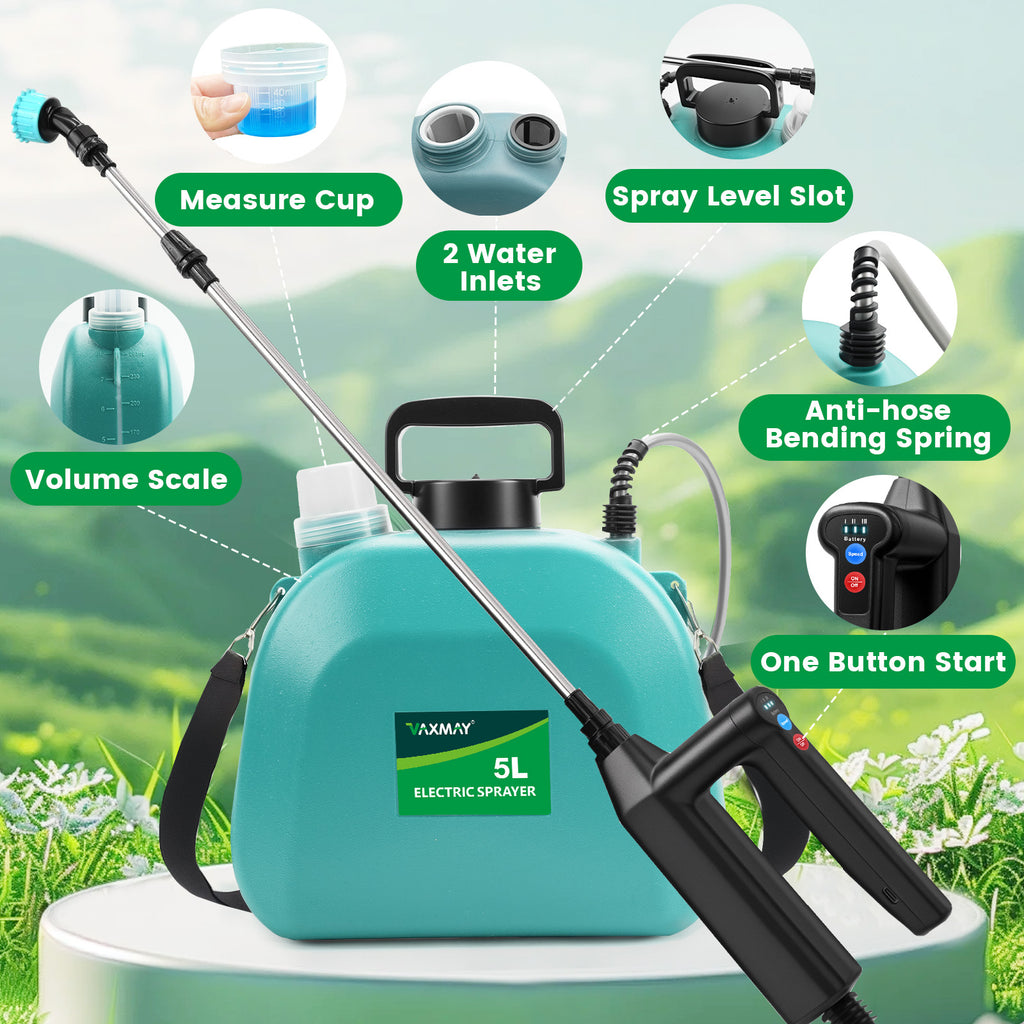 VAXMAY Battery Powered 1.35 Gallon Electric Sprayer, 3 Speeds, 4 Nozzles, Rechargeable, Green, Garden & Lawn