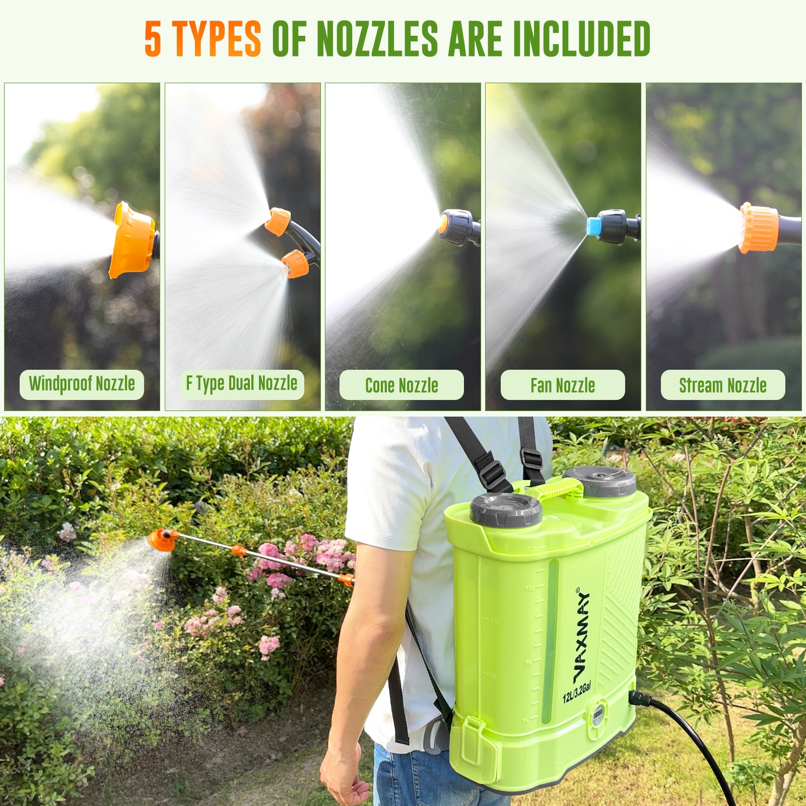 Battery Powered Backpack Sprayer 3.2 Gallon, VAXMAY 80 PSI Electric Graden Sprayer Works with Makita 18V Battery, Weed Lawn Sprayer with Telescopic Wand, 5 Nozzles, 2.0 Ah Battery & Charger Included