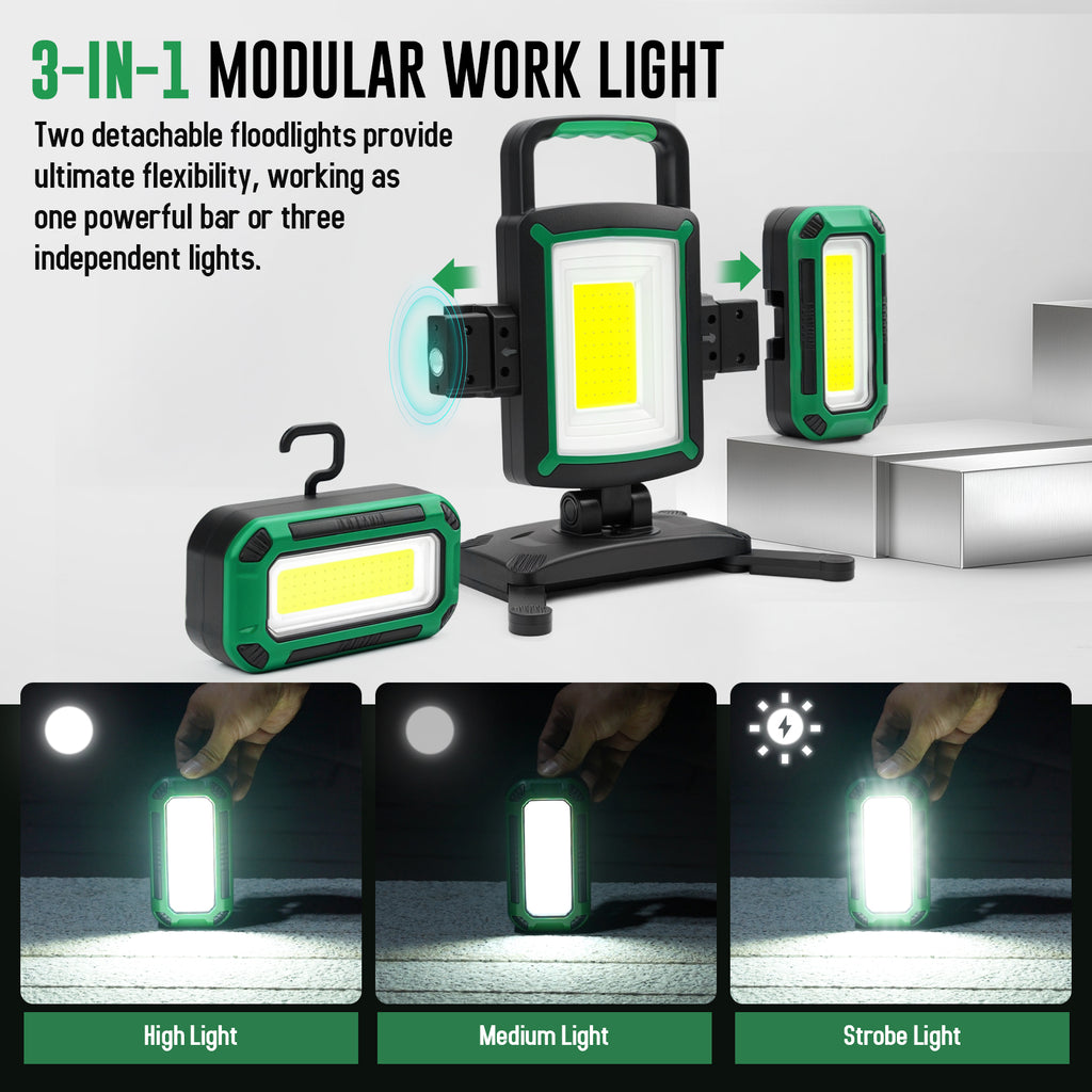 50W 5000LM Rechargeable Work Light, 3-in-1 Magnetic Work Light with Detachable 2 Floodlights, 9 Modes, Foldable&360° Rotatable IP65 Portable LED Worklight with Hooks for Jobsite Garage Car Repairing