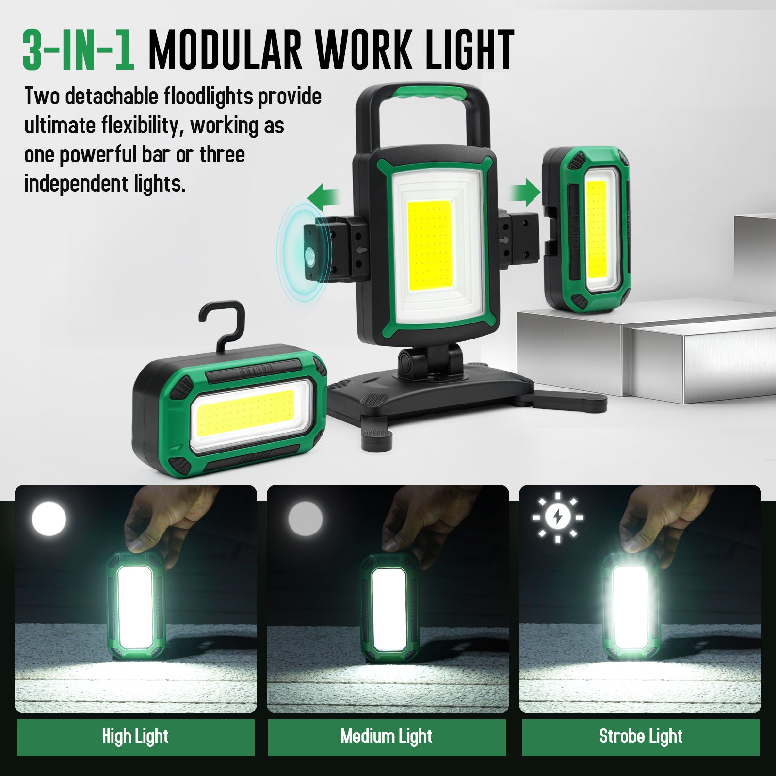 50W 5000LM Rechargeable Work Light, 3-in-1 Magnetic Work Light with Detachable 2 Floodlights, 9 Modes, Foldable&360° Rotatable IP65 Portable LED Worklight with Hooks for Jobsite Garage Car Repairing
