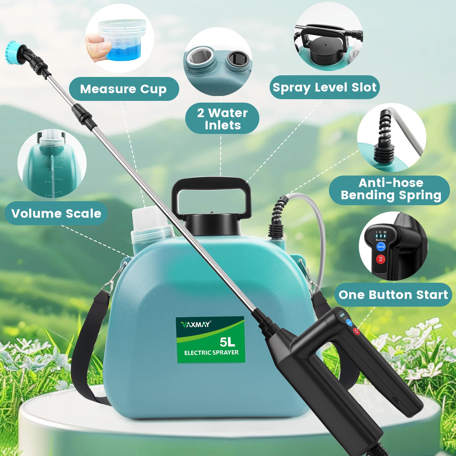 Battery Powered Sprayer 1.35 Gallon, 2025 Electric Garden Sprayer with 3 Adjustable Speeds, 4 Mist Nozzles, Rechargeable Handle, Retractable Wand with Adjustable Shoulder Strap for Weed Lawn