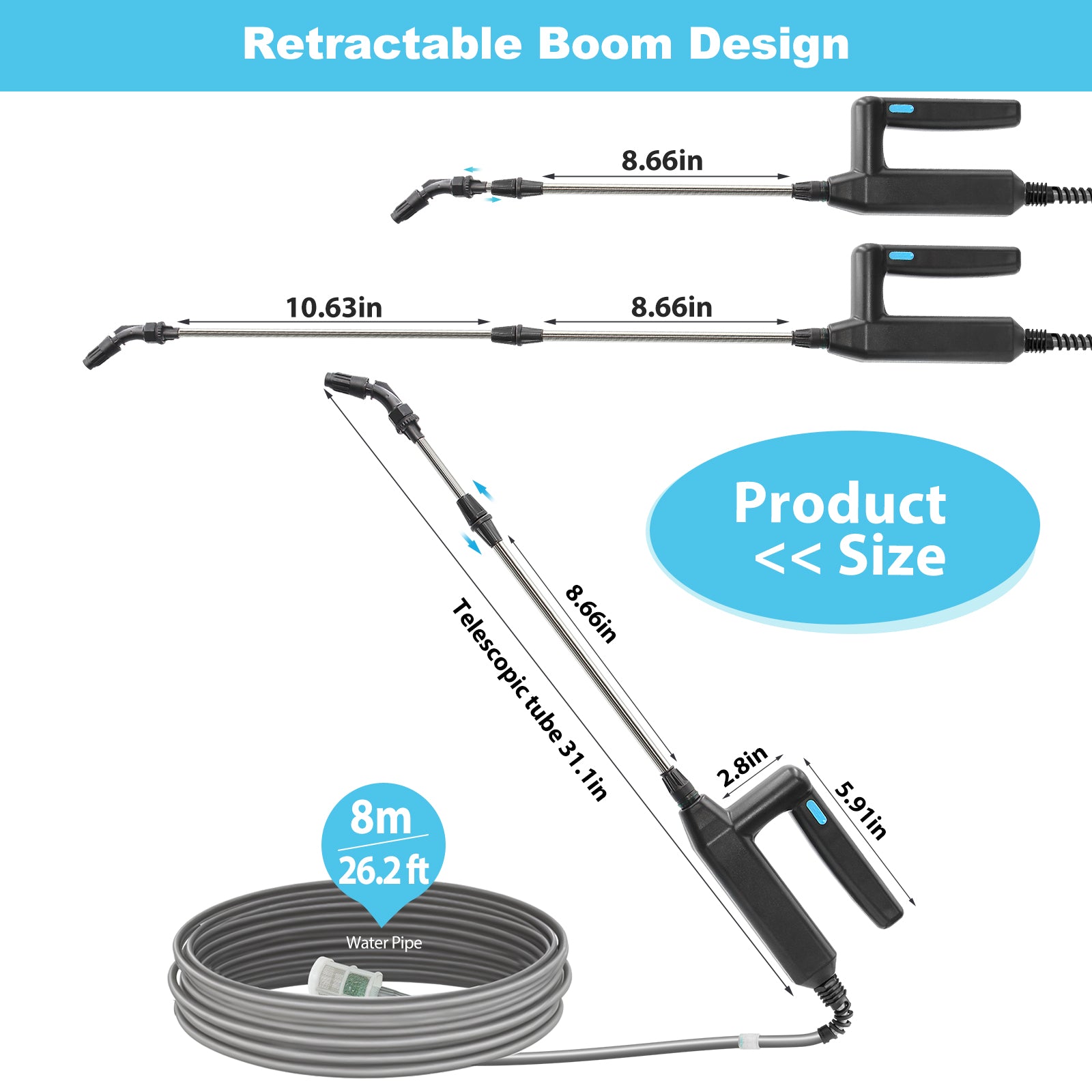 Battery Powered Garden Sprayer Wand, 32 Inch Telescopic With 26.2 FT Hose, 7.4V Rechargeable Electric Watering Handle, 3 Adjustable Nozzles & Filter for Weed, Lawn, Yard