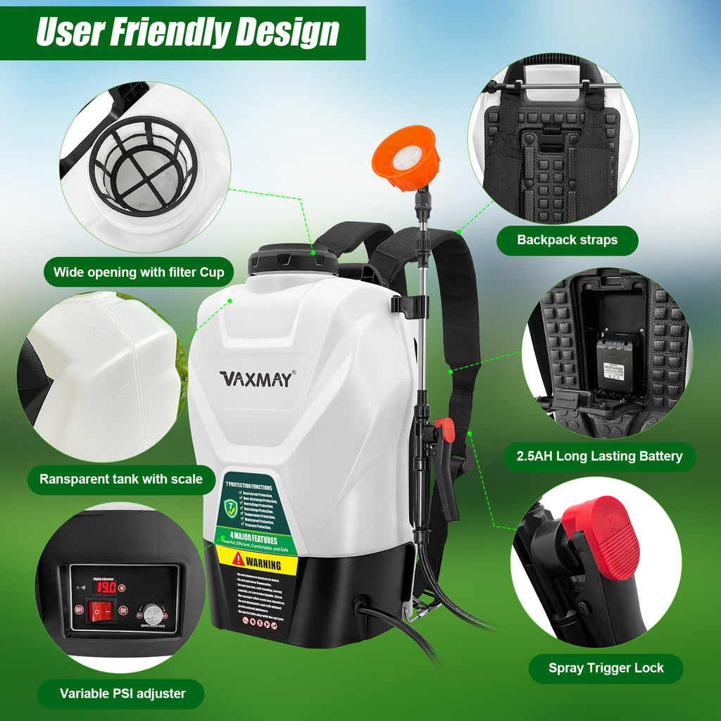 Backpack Sprayer 4 Gallon Battery Powered Garden Sprayer, VaxMay Electric Weed Sprayer Works with Makita 18V Battery, 100 PSI, Telescopic Wand, 5 Nozzles, 2.5Ah Battery&Charger Included