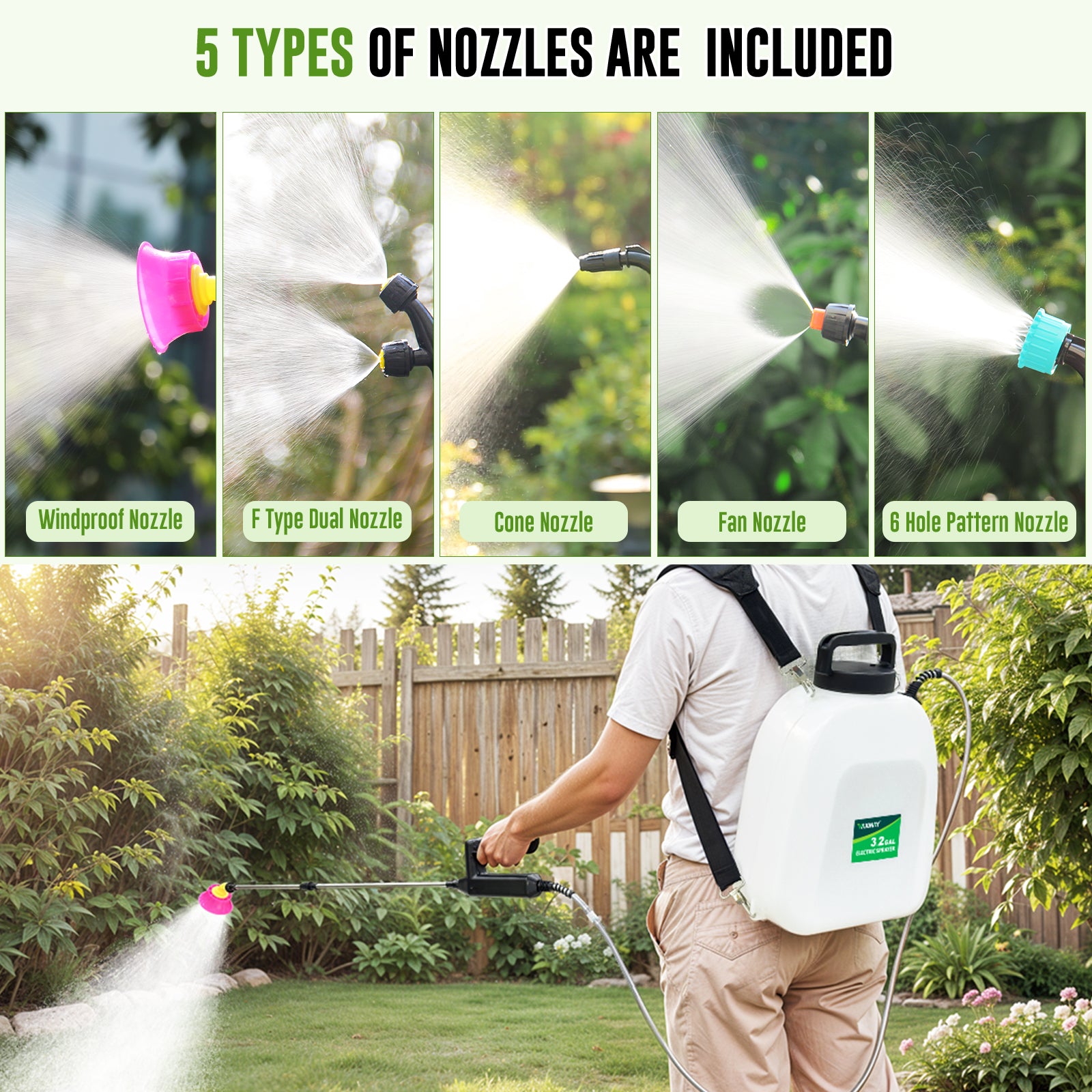 Battery Powered Sprayer 3.2 Gallon, VAXMAY Backpack Sprayer with 5 Mist Nozzles, Electric Garden Sprayer with USB Rechargeable Handle 32" Retractable Wand Portable Weed Sprayer for Lawn, Garden, Yard