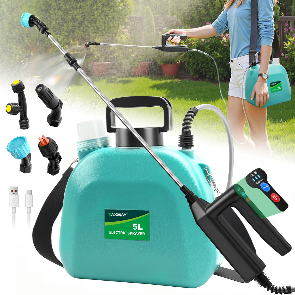VAXMAY Battery Powered 1.35 Gallon Electric Sprayer, 3 Speeds, 4 Nozzles, Rechargeable, Green, Garden & Lawn