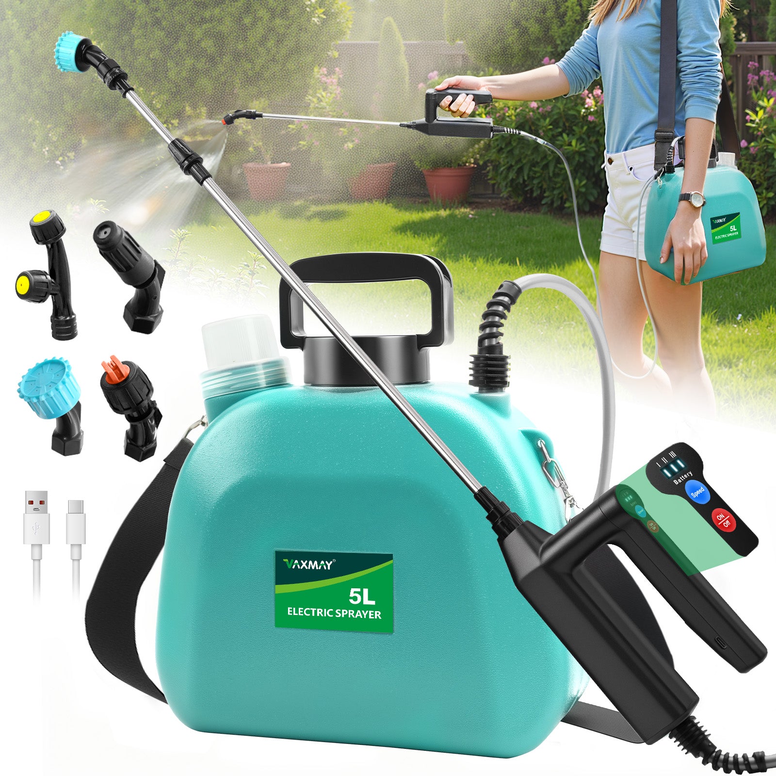 VAXMAY Battery Powered 1.35 Gallon Electric Sprayer, 3 Speeds, 4 Nozzles, Rechargeable, Green, Garden & Lawn