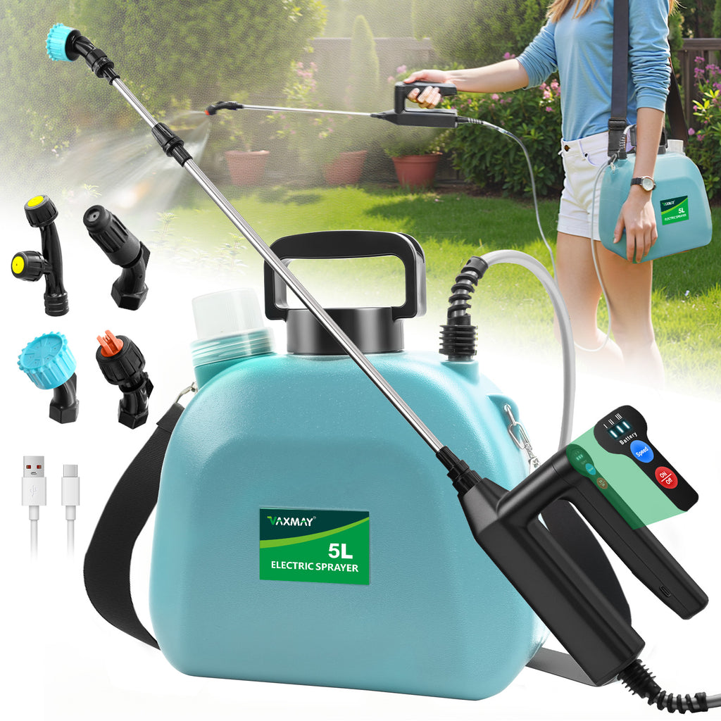 Battery Powered Sprayer 1.35 Gallon, 2025 Electric Garden Sprayer with 3 Adjustable Speeds, 4 Mist Nozzles, Rechargeable Handle, Retractable Wand with Adjustable Shoulder Strap for Weed Lawn
