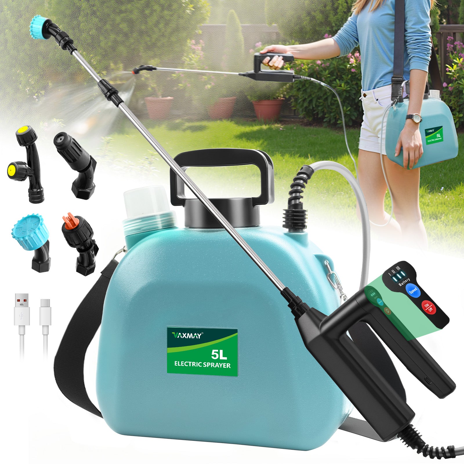 Battery Powered Sprayer 1.35 Gallon, 2025 Electric Garden Sprayer with 3 Adjustable Speeds, 4 Mist Nozzles, Rechargeable Handle, Retractable Wand with Adjustable Shoulder Strap for Weed Lawn