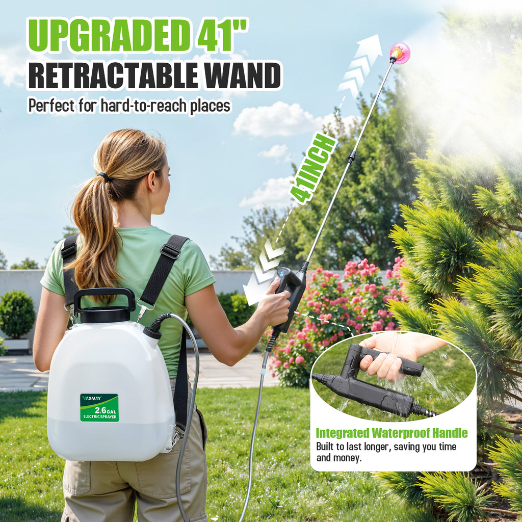 Backpack Sprayer Battery Powered 2.6 Gallon, Electric Garden Sprayer with 3 Adjustable Forces, Battery Indicator, 5 Mist Nozzles, 41" Retractable Wand, Rechargeable Weed Sprayer for Garden Lawn Yard