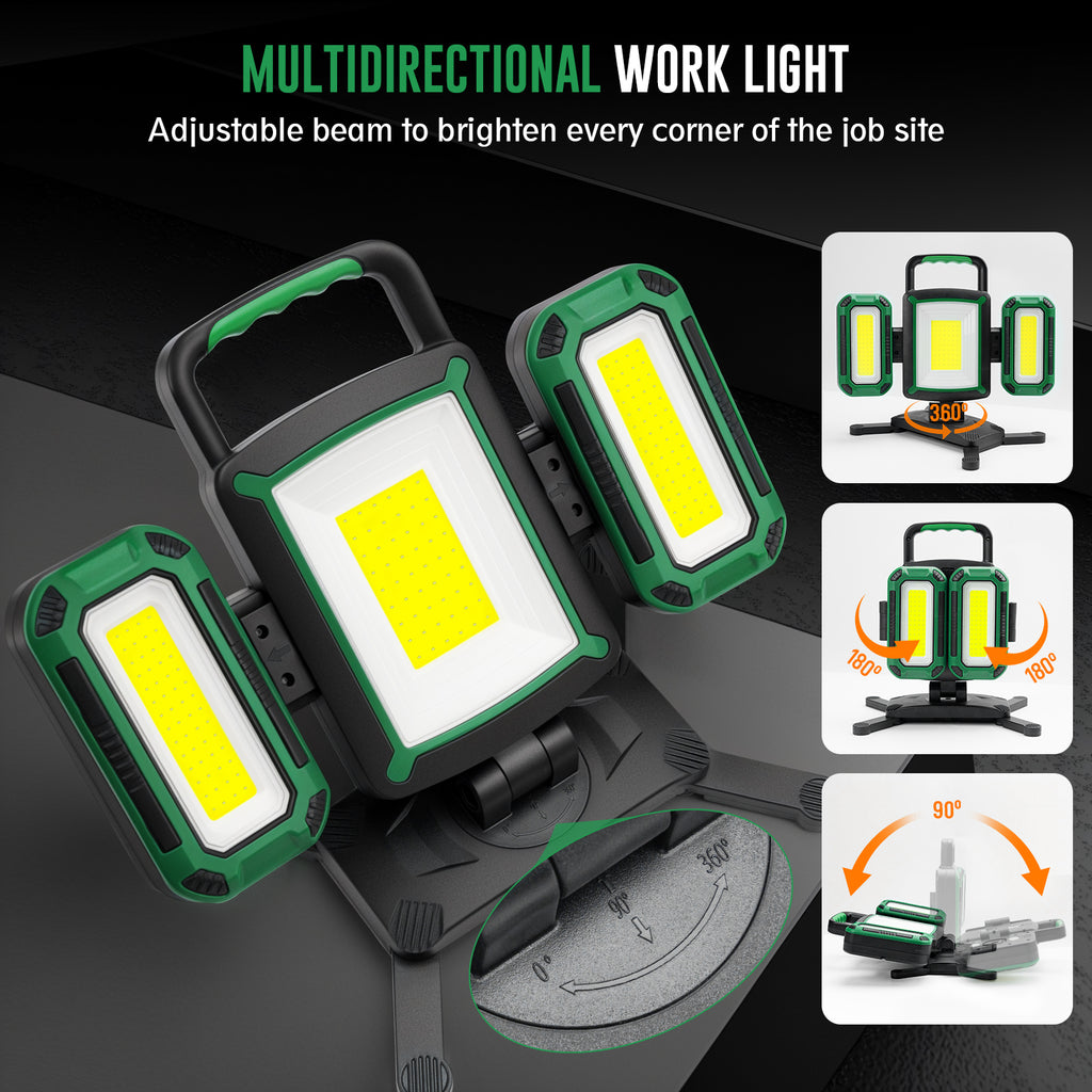 50W 5000LM Rechargeable Work Light, 3-in-1 Magnetic Work Light with Detachable 2 Floodlights, 9 Modes, Foldable&360° Rotatable IP65 Portable LED Worklight with Hooks for Jobsite Garage Car Repairing