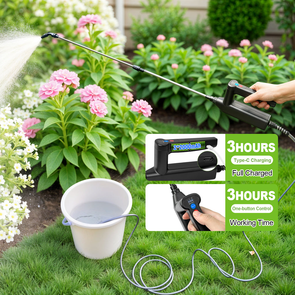 Battery Powered Sprayer Wand, 32 Inch Garden Sprayer Telescopic Wand with 3 Adjustable Speeds, Battery Indicator, 26.2 FT Hose, 7.4V Rechargeable Water Sprayer Wand with 4 Adjustable Nozzles & Filter