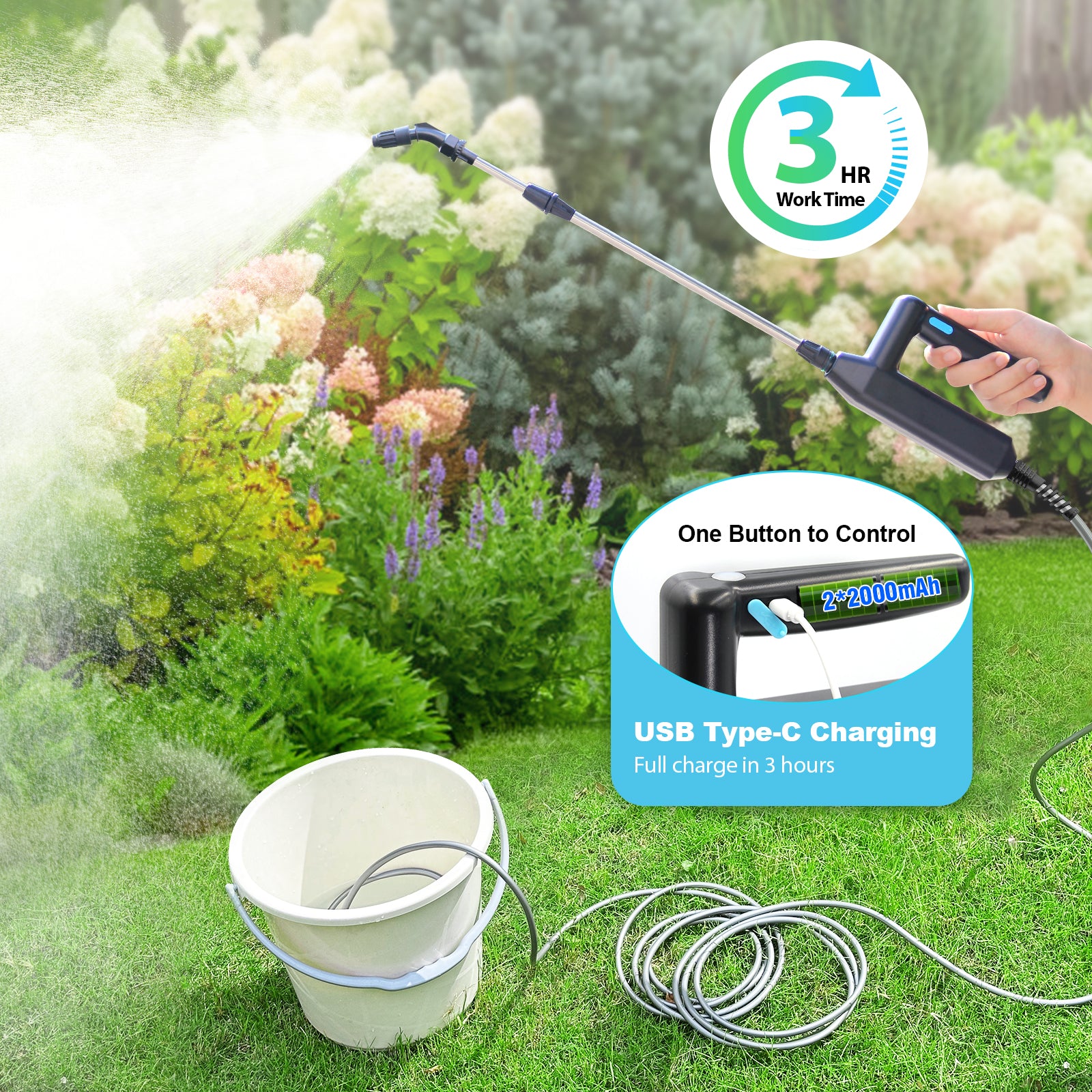 Battery Powered Garden Sprayer Wand, 32 Inch Telescopic With 26.2 FT Hose, 7.4V Rechargeable Electric Watering Handle, 3 Adjustable Nozzles & Filter for Weed, Lawn, Yard