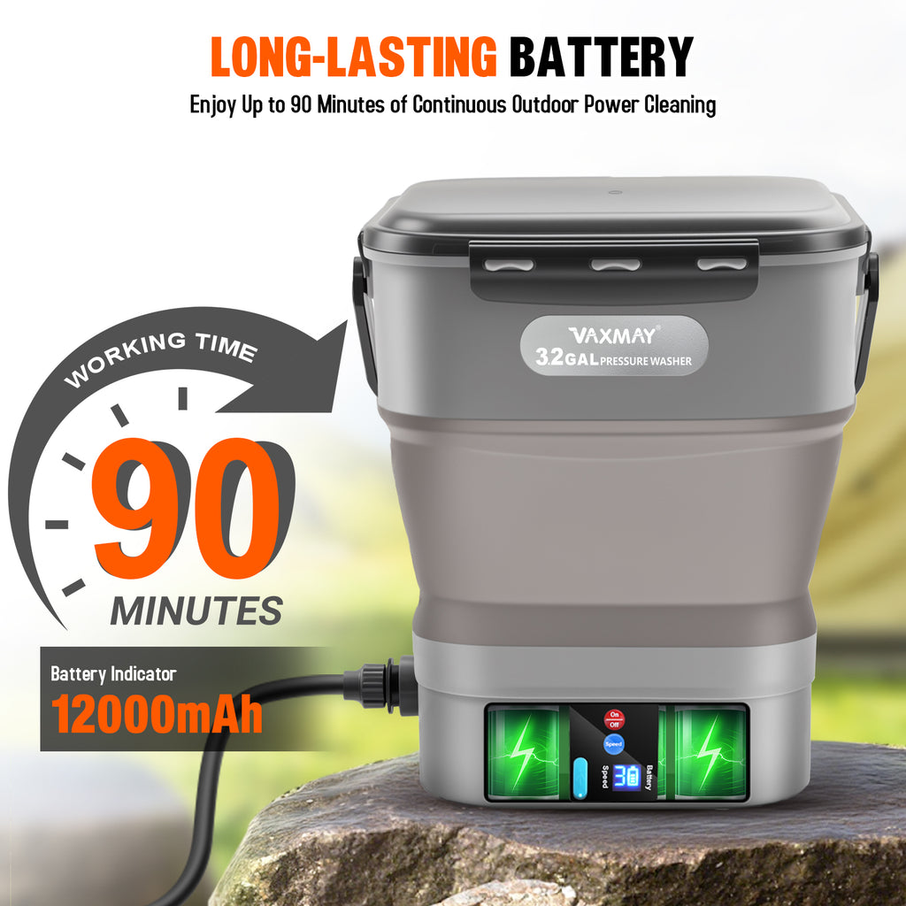 VAXMAY Foldable Electric Pressure Washer with 3.2 Gal Tank, Cordless Power Wsher with Max 250PSI, 1.35GPM, 5 IN 1 Nozzle, 16.4FT Hose, 90Mins Runtime for Car, Bike, Camping Shower, Pet Cleaning,Garden