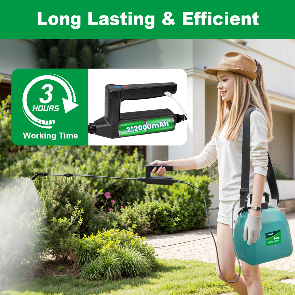 Battery Powered Sprayer 2 Gallon, 2025 Upgrade Electric Sprayer with 3 Adjustable Speed, Battery Indicator, 4 Mist Nozzles, Rechargeable Retractable Wand with Adjustable Shoulder Strap for Lawn Garden