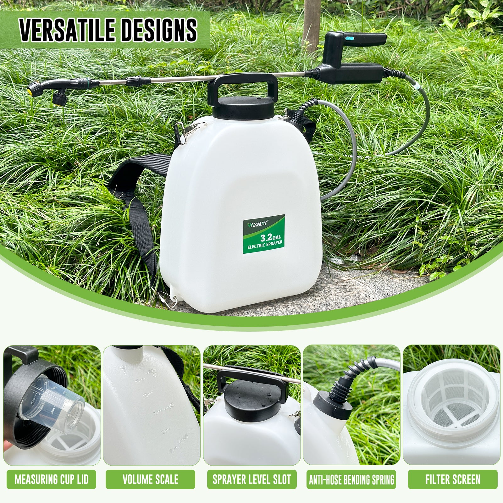 Battery Powered Sprayer 3.2 Gallon, VAXMAY Backpack Sprayer with 5 Mist Nozzles, Electric Garden Sprayer with USB Rechargeable Handle 32" Retractable Wand Portable Weed Sprayer for Lawn, Garden, Yard