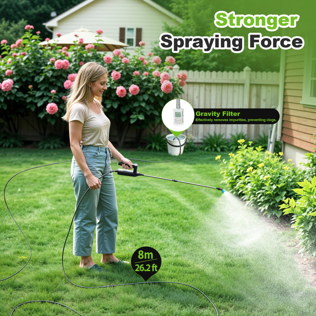 Battery Powered Sprayer Wand, 32 Inch Garden Sprayer Telescopic Wand with 3 Adjustable Speeds, Battery Indicator, 26.2 FT Hose, 7.4V Rechargeable Water Sprayer Wand with 4 Adjustable Nozzles & Filter