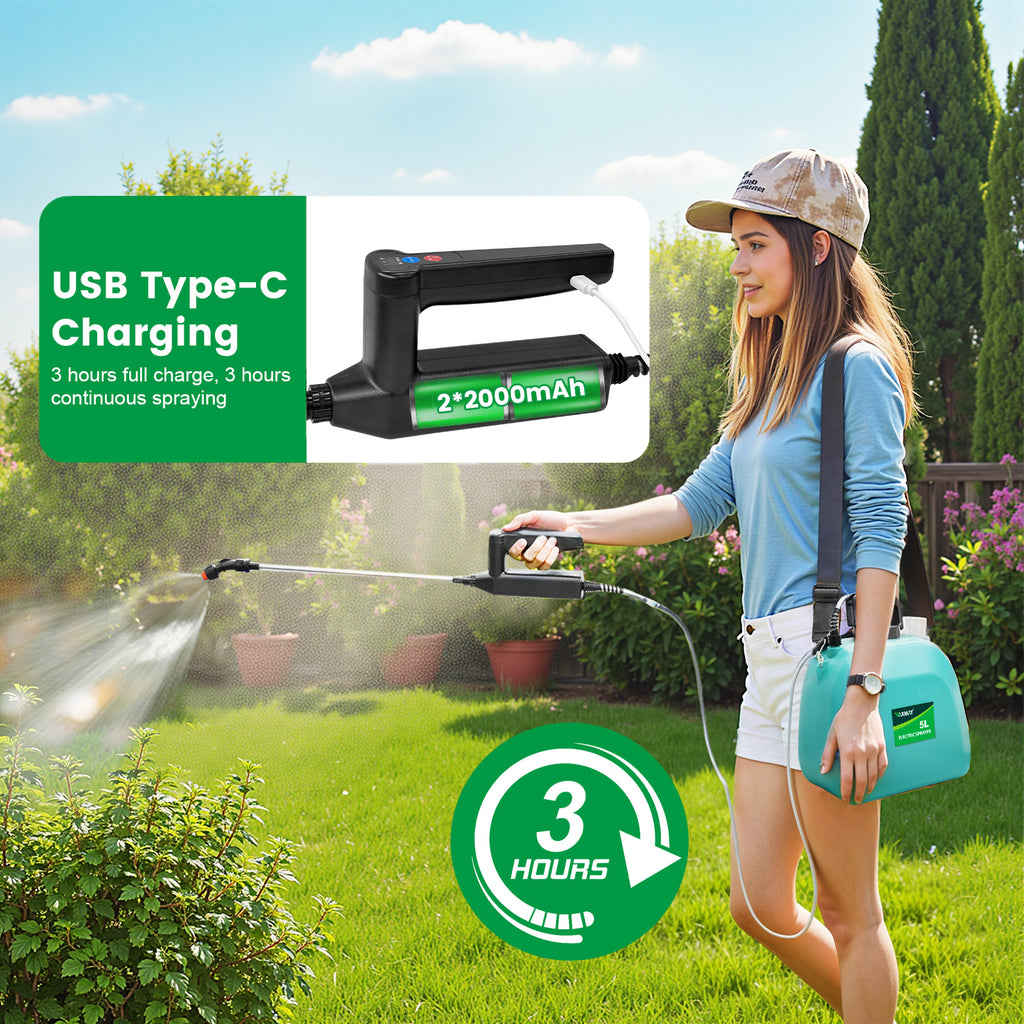 VAXMAY Battery Powered 1.35 Gallon Electric Sprayer, 3 Speeds, 4 Nozzles, Rechargeable, Green, Garden & Lawn