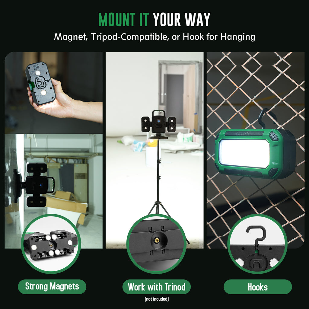 50W 5000LM Rechargeable Work Light, 3-in-1 Magnetic Work Light with Detachable 2 Floodlights, 9 Modes, Foldable&360° Rotatable IP65 Portable LED Worklight with Hooks for Jobsite Garage Car Repairing