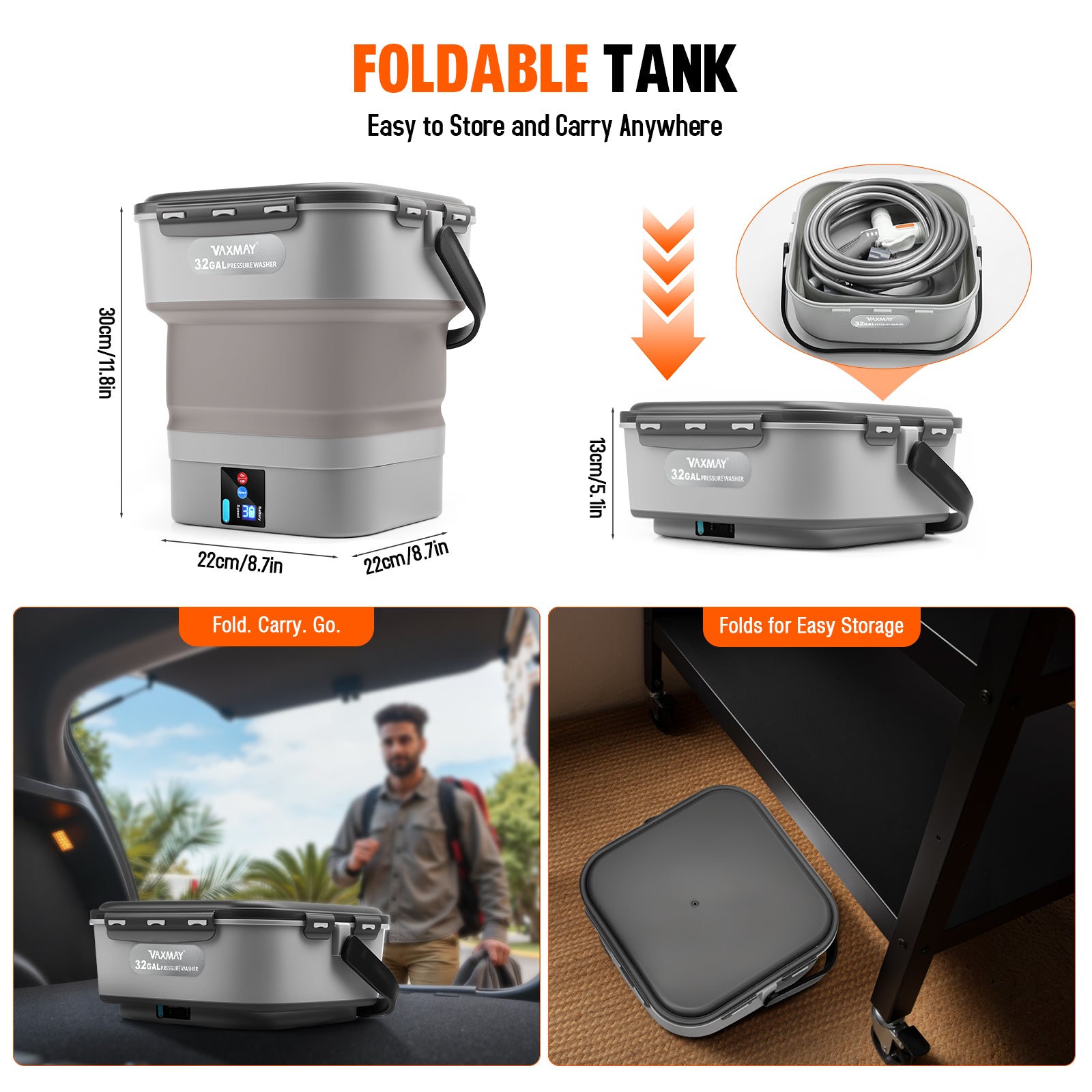 VAXMAY Foldable Electric Pressure Washer with 3.2 Gal Tank, Cordless Power Wsher with Max 250PSI, 1.35GPM, 5 IN 1 Nozzle, 16.4FT Hose, 90Mins Runtime for Car, Bike, Camping Shower, Pet Cleaning,Garden